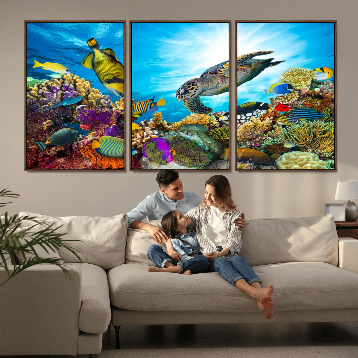 MGV-FC-60X30-3P - Sea Turtle Coral Reef Wall Art Print – Colorful Underwater Canvas Print – Tropical Ocean Marine Life Artwork – Perfect for Coastal Home Decor