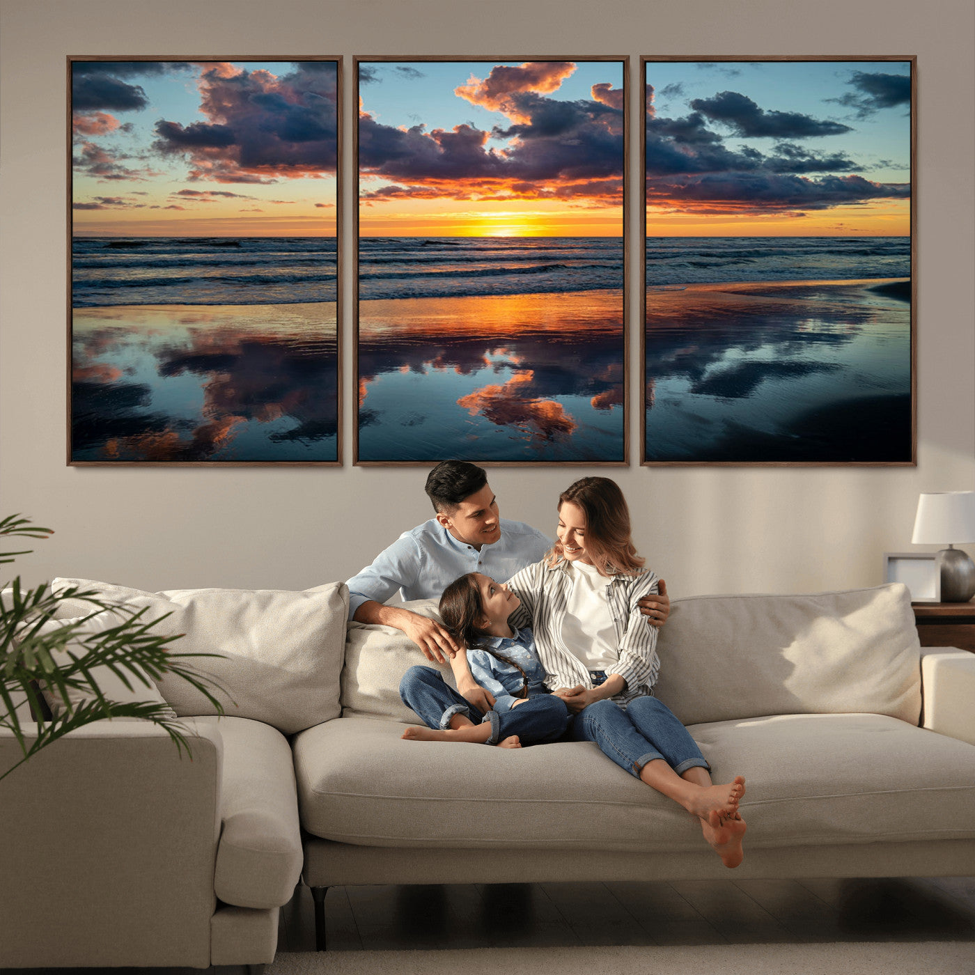 MGV-FC-60X30-3P - Beach Sunset Print - Stunning Ocean Canvas Artwork with Sunset Reflection Design for Elegant Home or