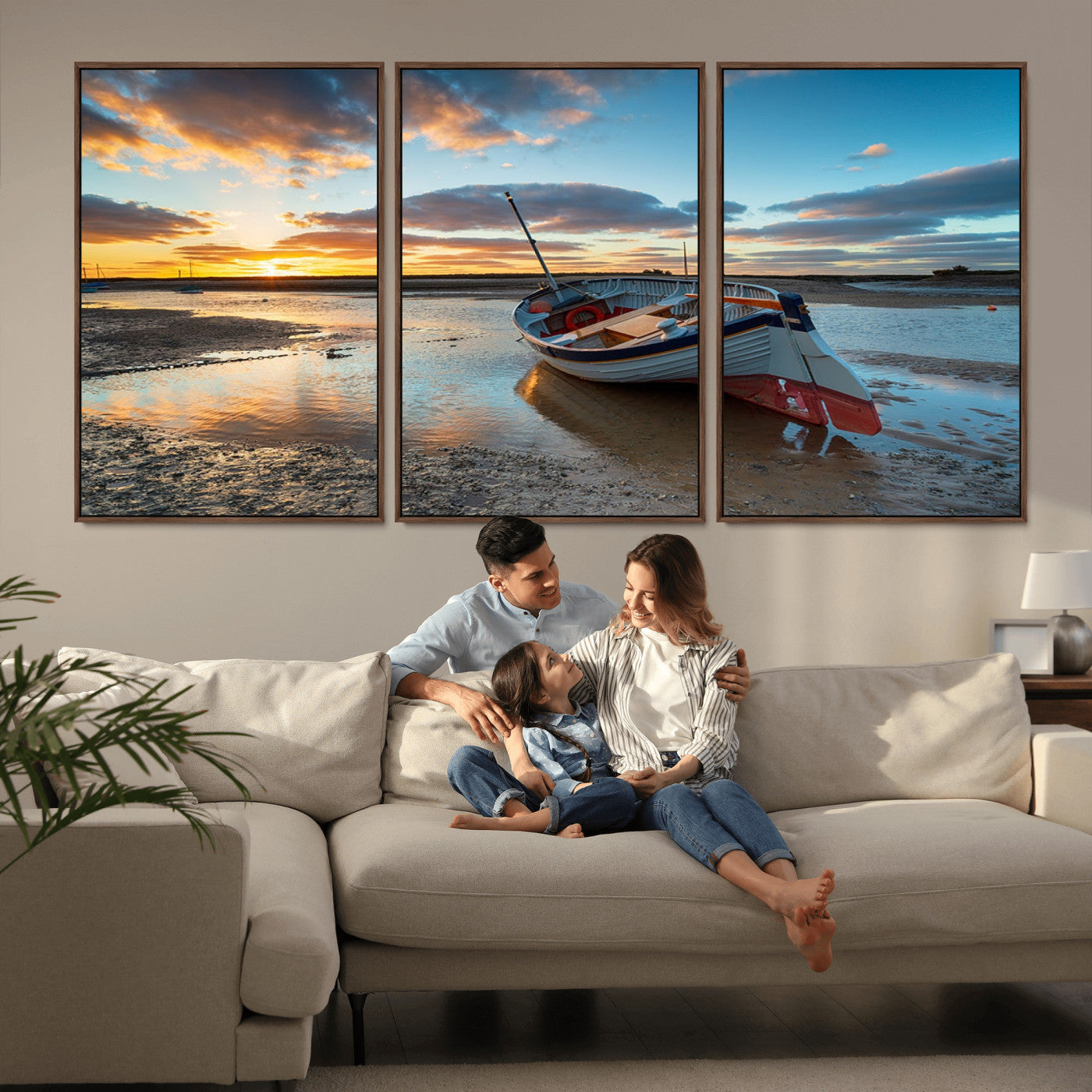 MGV-FC-60X30-3P - Small Boat At The Beach Sunset Wall Art, Boat Sunset Wall Art Canvas Print