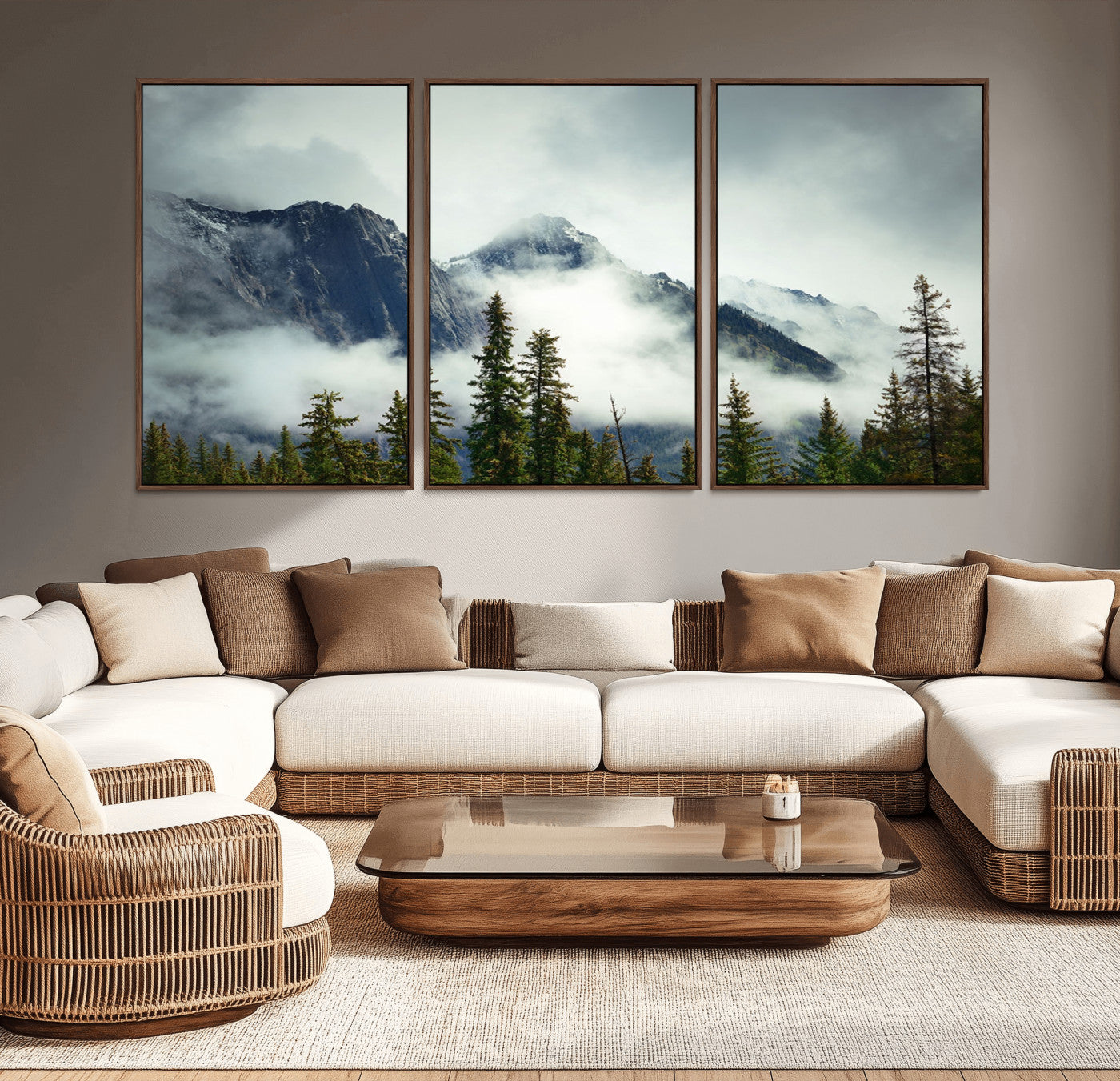 MGV-FC-60X30-3P - Mountain Mist Canvas Wall Art | 3-Panel Foggy Forest and Mountain Landscape | Large Giclee Print for Living Room, Office, or Cabin, Farmhouse Decor