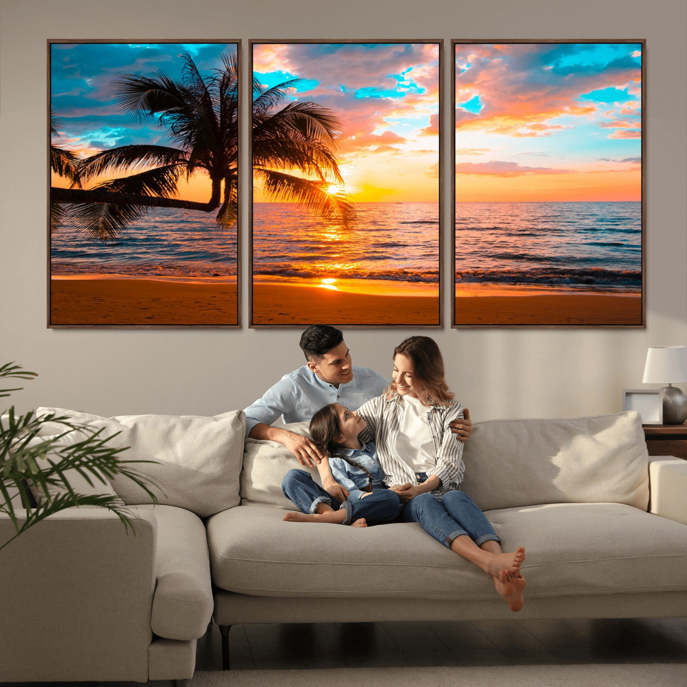 -Palm Tree Sunset On The Beach Wall Art Canvas, Framed Palm Tree Sunset Canvas Print