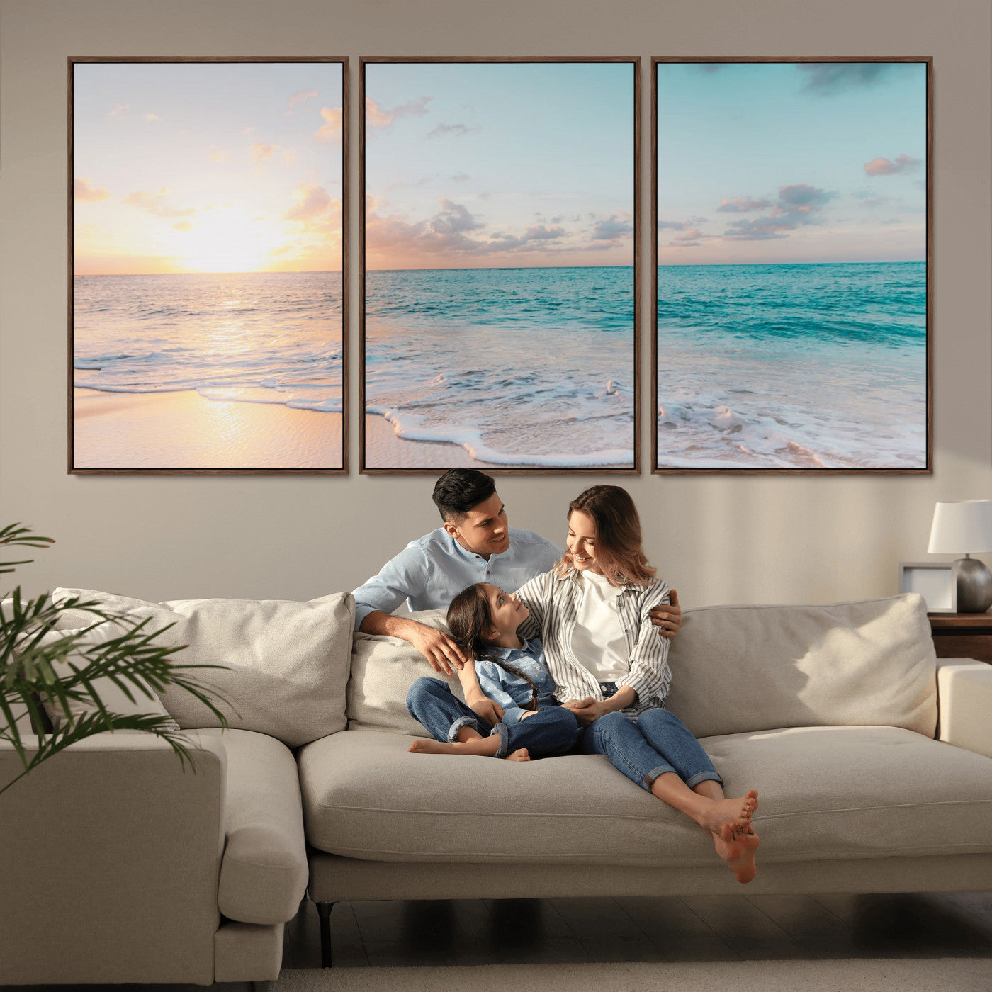 MGV-FC-60X30-3P - Tranquil Ocean Beach Sunset Canvas Wall Art | 3-Panel Coastal Decor