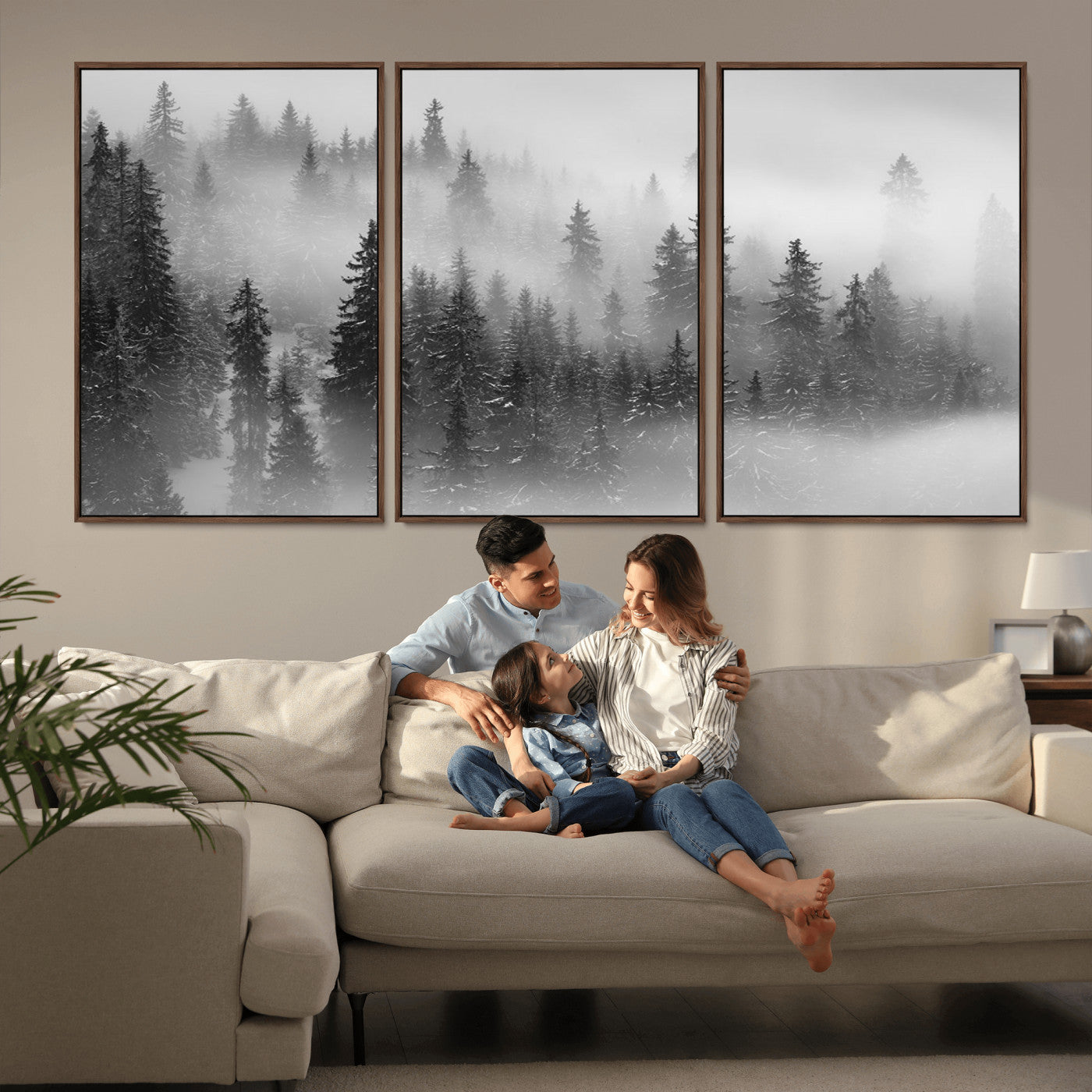 MGV-FC-60X30-3P - Black and White Forest Wall Art Print – Misty Pine Tree Canvas Print – Winter Woodland Nature Artwork – Perfect for Minimalist Home Decor