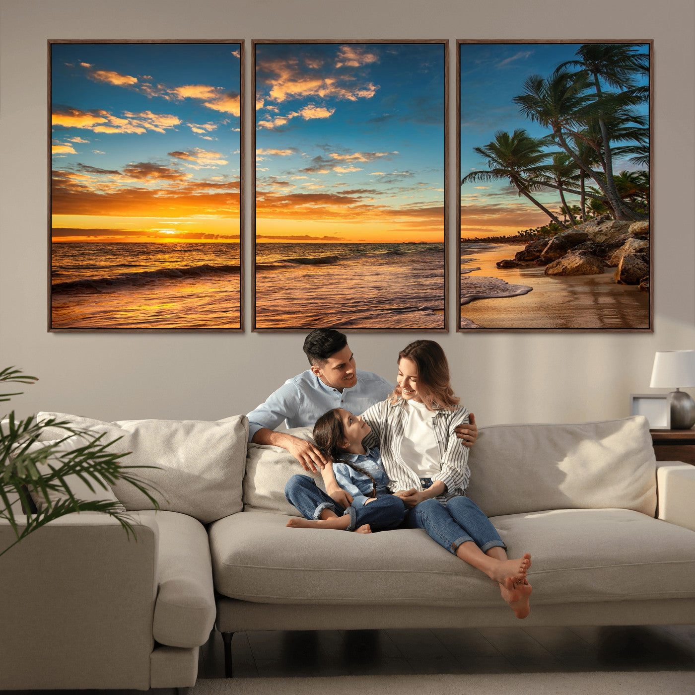 MGV-FC-60X30-3P - Tropical Beach Sunset Wall Art Print – Palm Tree Coastal Canvas Print – Ocean Seascape Artwork – Perfect for Tropical Modern Home Decor