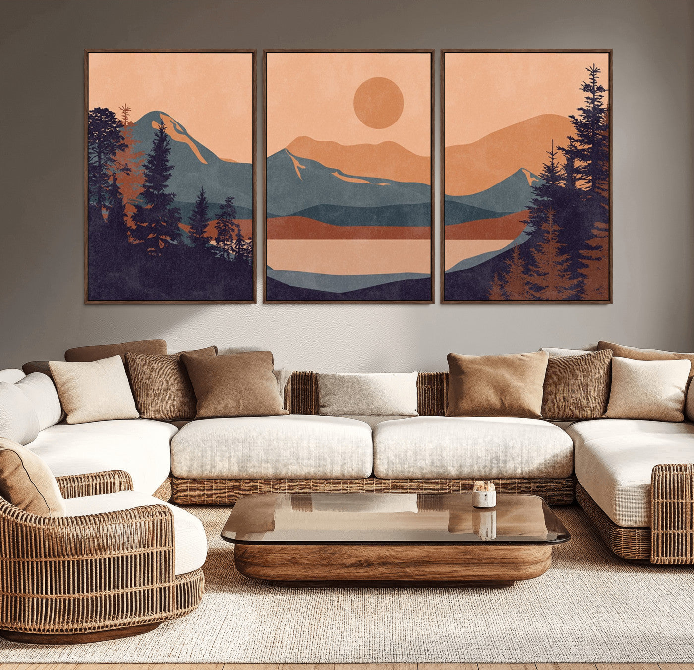 MGV-FC-60X30-3P - Modern Boho Sunset Canvas Print, Mountain Landscape Triptych – Giclée Canvas Art Print for Living