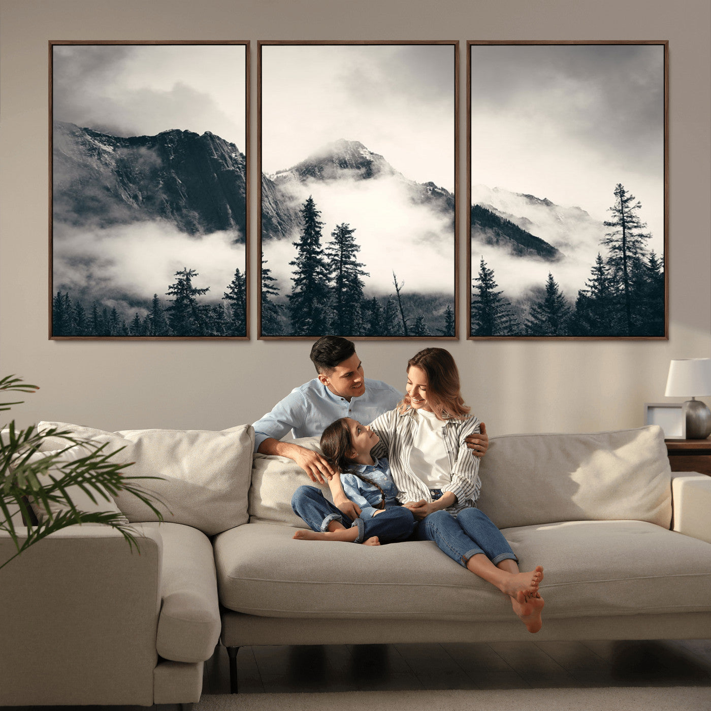 MGV-FC-60X30-3P - Large Foggy Mountain Forest Wall Art Canvas Print | Misty Mountain Peaks and Pine Trees Print |