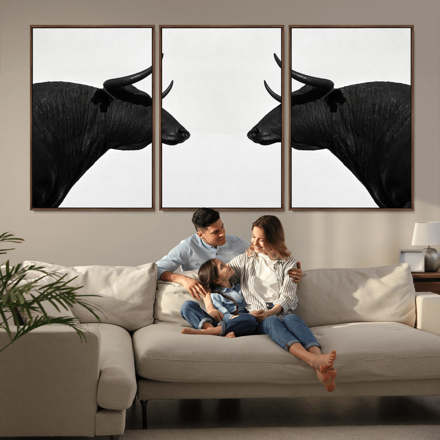 -Spanish Bull Art - Framed Black and White Bull Canvas Print for Modern Rustic Home or Office Decor