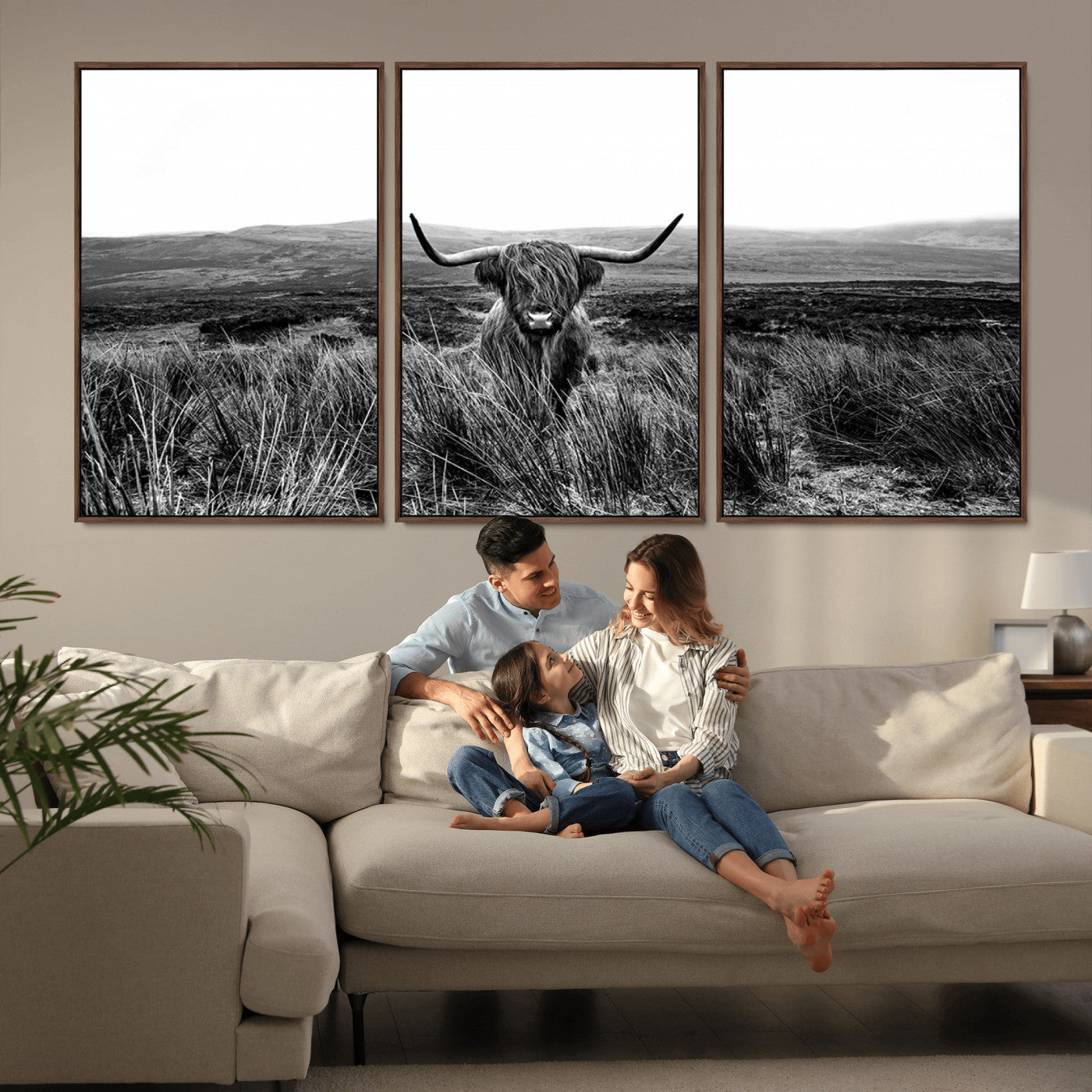 MGV-FC-60X30-3P - Black and White Highland Cow Canvas Wall Art, Longhorn Triptych Western Wall Decor for Cabin -