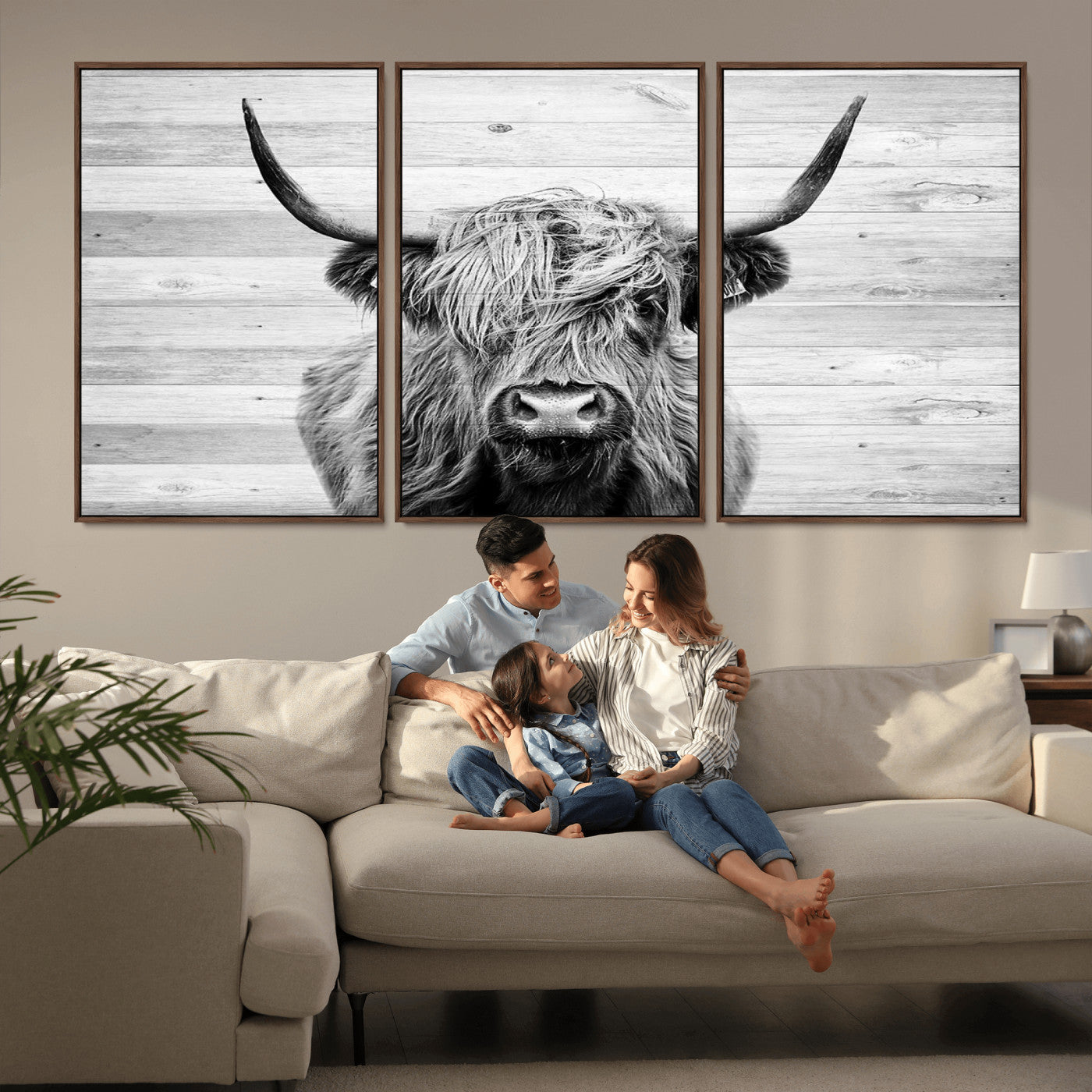 MGV-FC-60X30-3P - Scottish Highland Cow Cattle Art Print on Wood Background Style