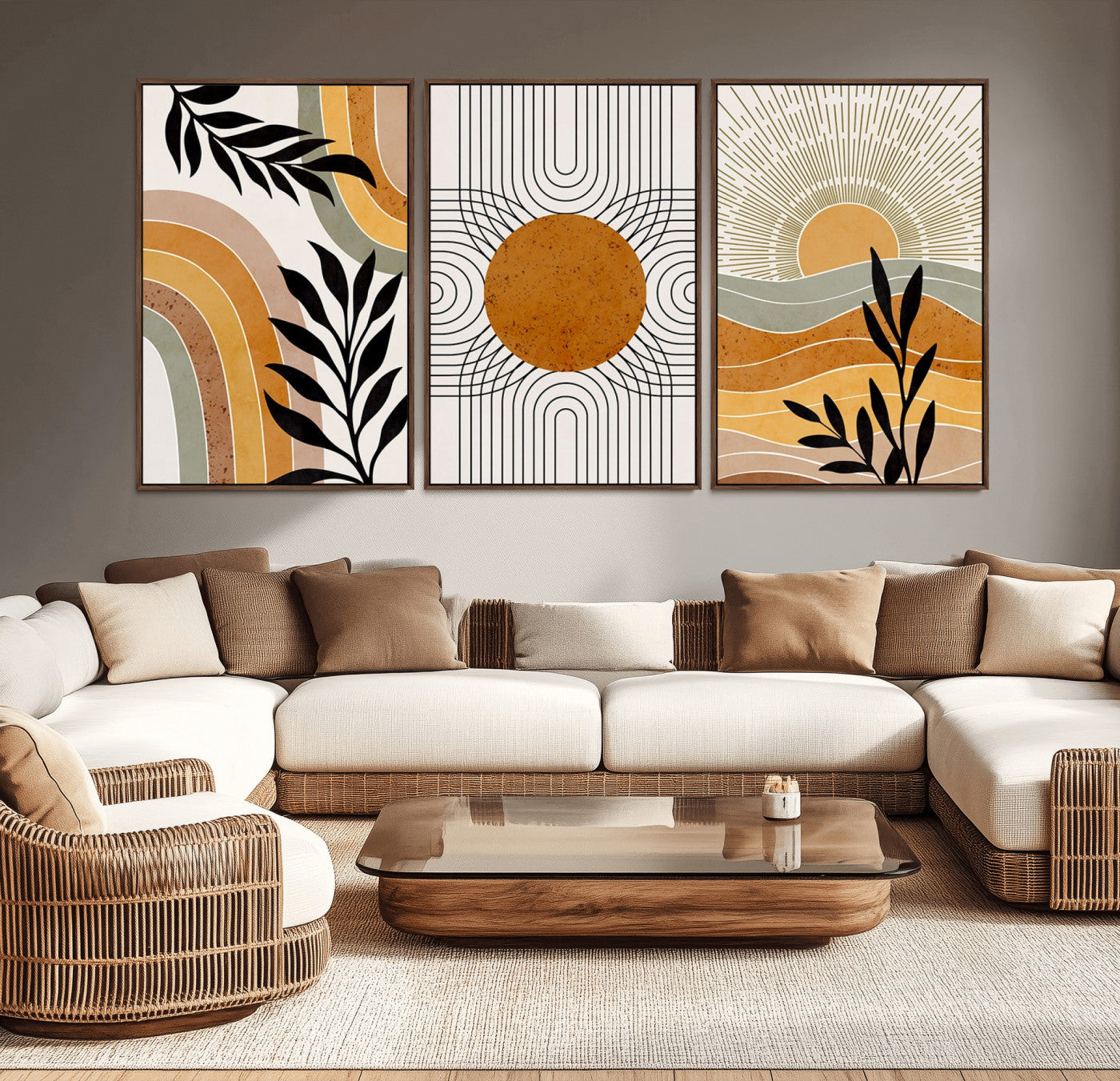 MGV-FC-60X30-3P - Modern Boho Sun and Leaf Abstract Art – 3-Panel Giclée Canvas for Mid-Century Modern or Bohemian Wall Decor
