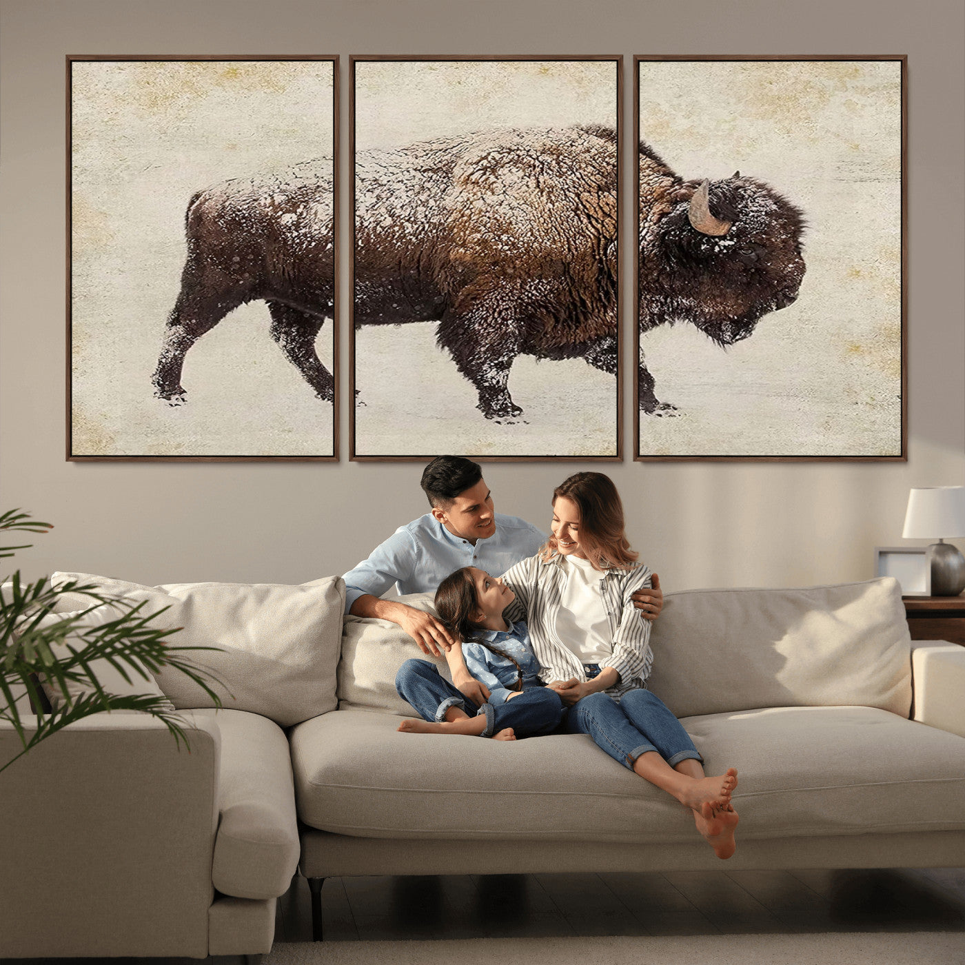 MGV-FC-60X30-3P - Buffalo Wall Art, Western Bison Canvas Print, Rustic Buffalo Art for Cowboy Western Decor, Large Multi-Panel Giclee Canvas for Farmhouse Wall Decor