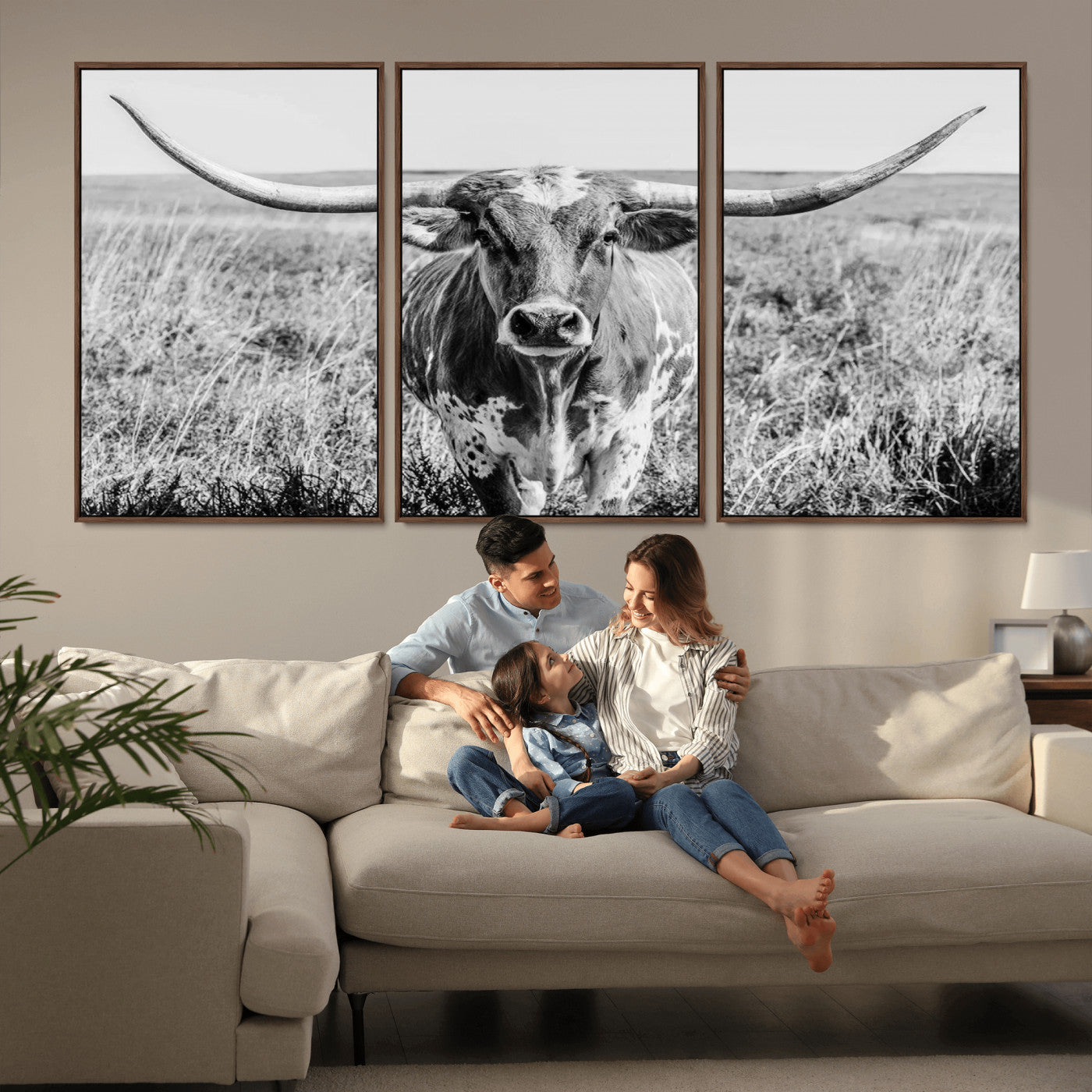 MGV-FC-60X30-3P - Texas Cow Longhorn Wall Art Canvas Print for Farm House Wall Decor, Farmhouse Wall Art Print