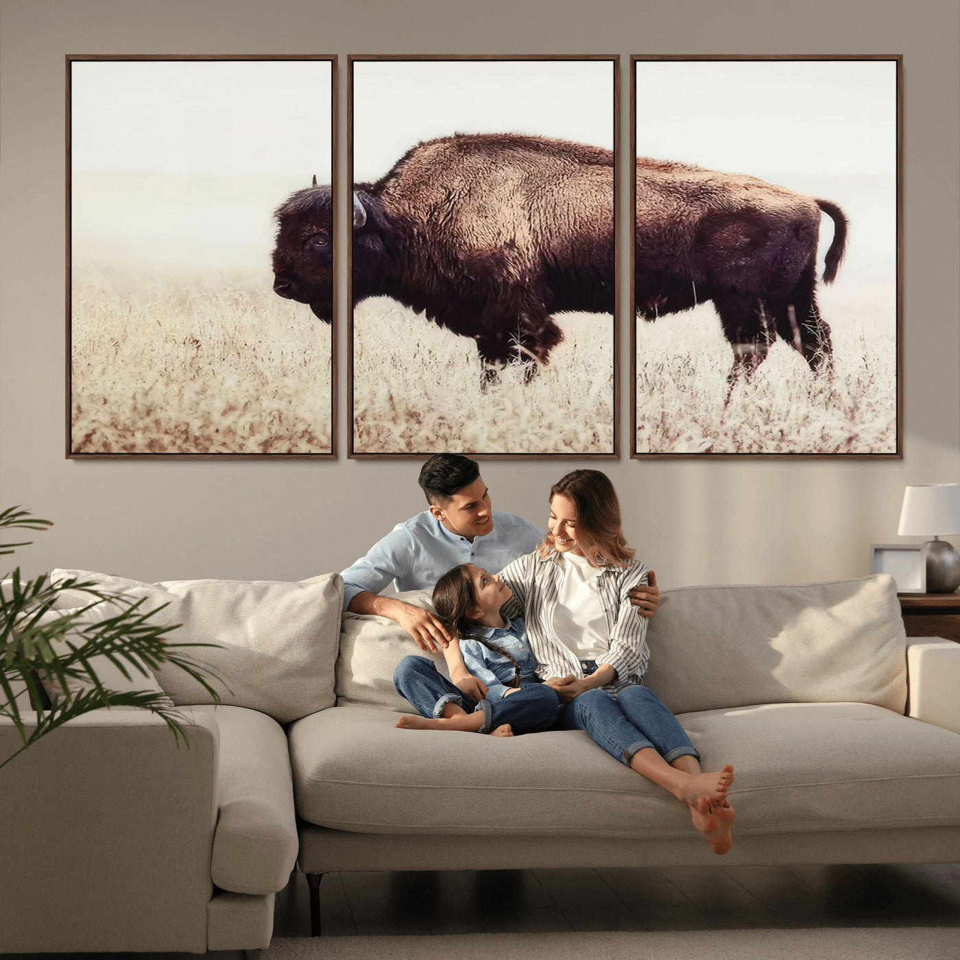 MGV-FC-60X30-3P - Bison in Field Wall Art Canvas Print For Farmhouse Barn Decor