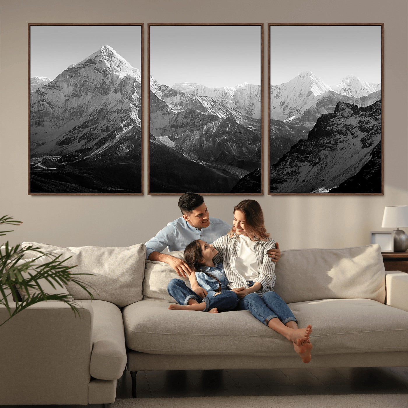 MGV-FC-60X30-3P - Everest Himalaya Mountain Peaks Black & White Triptych Canvas Art – Mountain Wall Decor for Minimalist Interiors