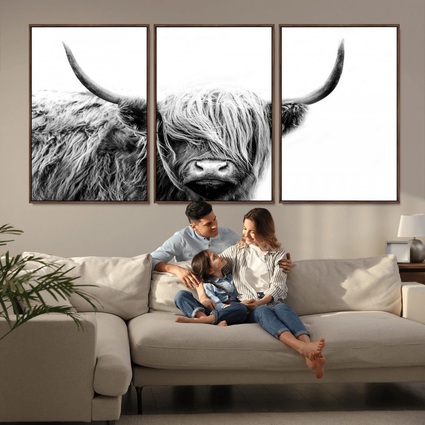MGV-FC-60X30-3P - Black White Scottish Highland Cow Cattle Art Print Farmhouse Wall Art Canvas Print
