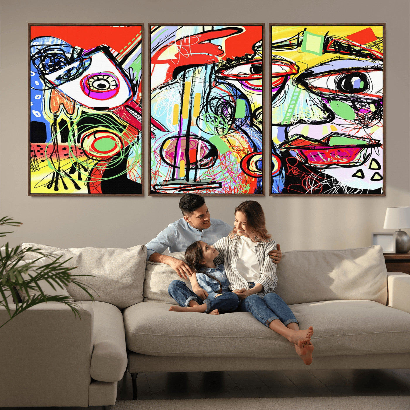 MGV-FC-60X30-3P - Picasso Style Art Abstract Canvas Wall Art Print , Colorful Abstract Artwork