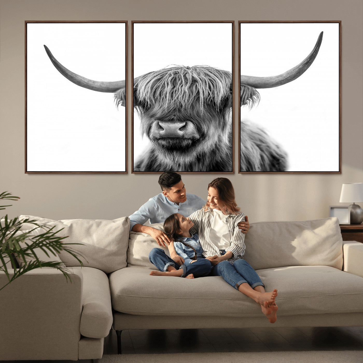 MGV-FC-60X30-3P - Grayscale Scottish Highland Cow Cattle Art Print Farmhouse Wall Art Canvas Print