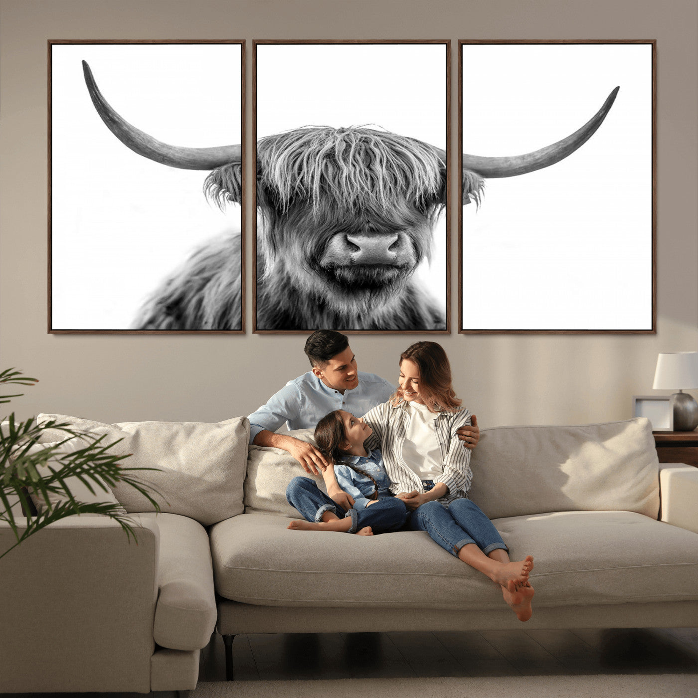 MGV-FC-60X30-3P - Scottish Highland Cow Cattle Art Print Wall Art Canvas Print for Farmhouse Decor, Framed Scottish