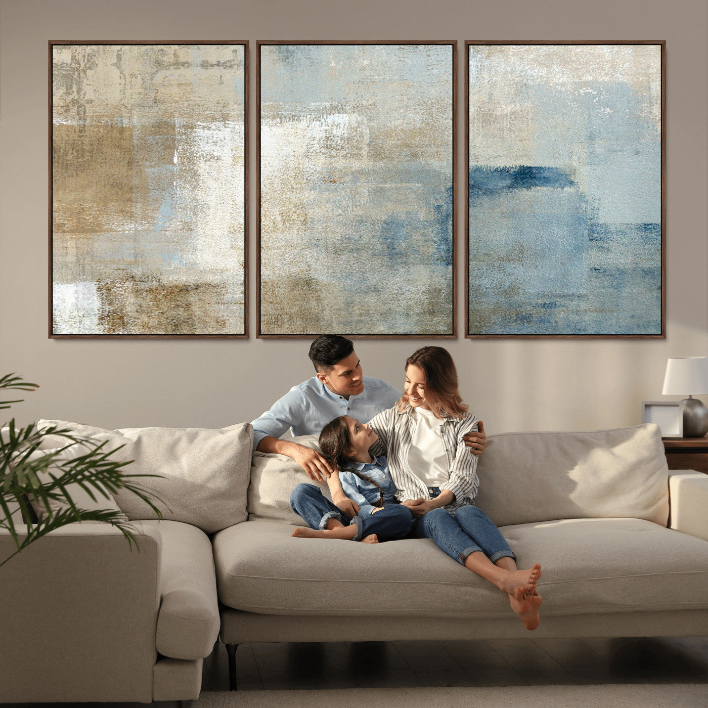MGV-FC-60X30-3P - Abstract Blue and Beige Wall Art, Modern Minimalist Canvas Print Set, Giclee Textured Art, Large Multi-Panel Artwork for Living Room
