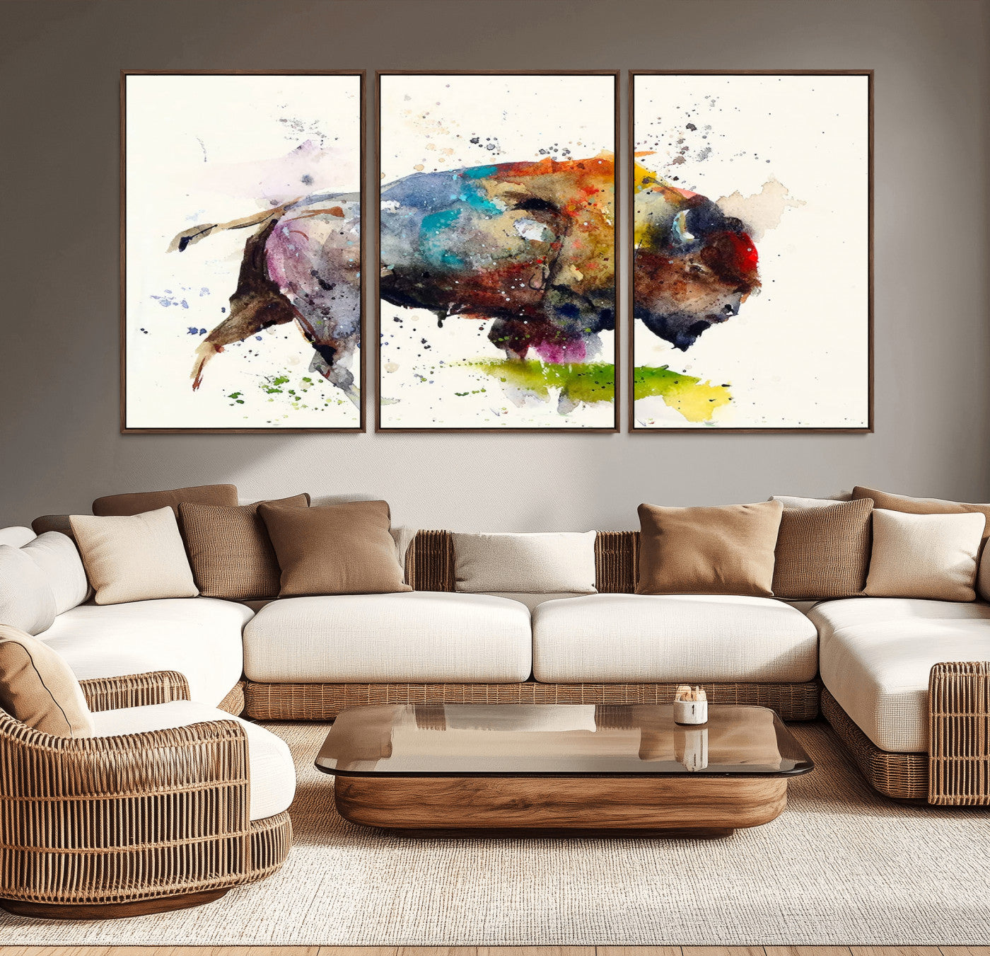 MGV-FC-60X30-3P - Abstract Buffalo Wall Art, Western Watercolor Bison Canvas Print, Rustic Buffalo Art for Cowboy and Western Decor, Large Multi-Panel Giclee Canvas