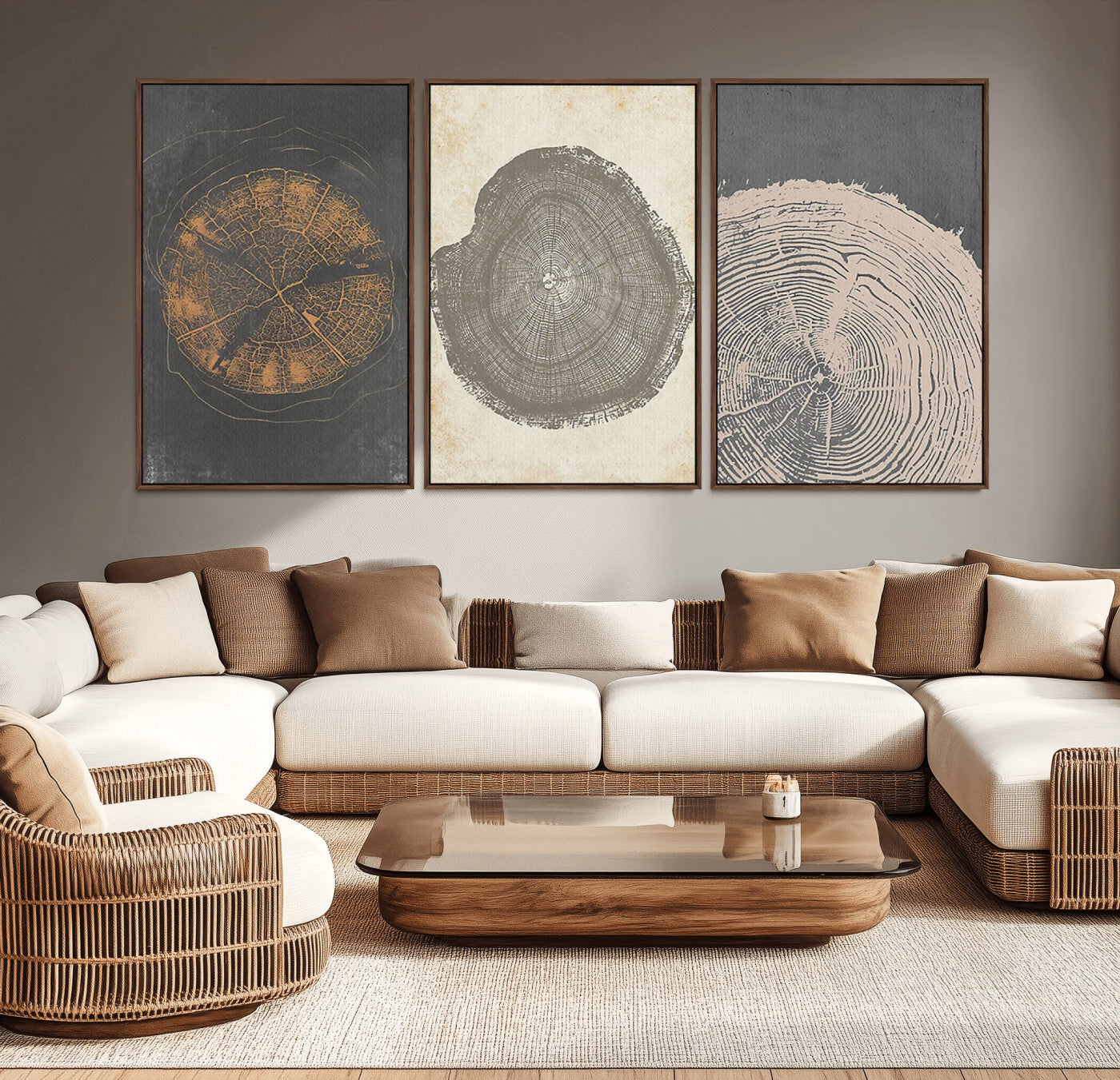 MGV-FC-60X30-3P - Boho Tree Ring Wall Art, Modern Minimalist Wood Grain Canvas, Tree Slice for Rustic Decor, Farmhouse