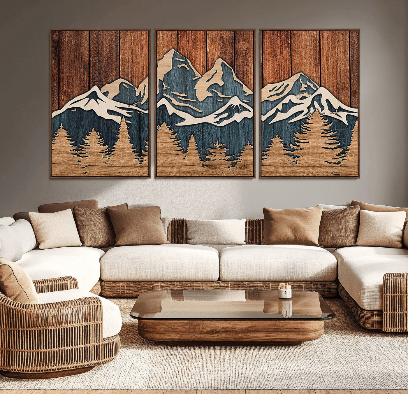MGV-FC-60X30-3P - Rustic Wood Style Mountain Wall Art, Nature Forest Canvas Print, Wooden Textured Mountain Artwork, Handcrafted Landscape Decor for Farmhouse Decor