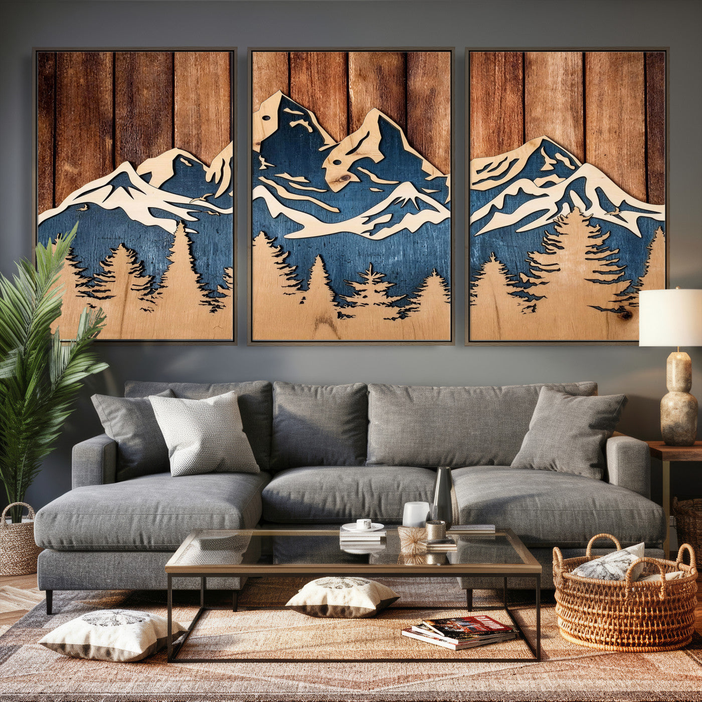 41330-MGV-CV-36X24 - Rustic Wood Style Mountain Wall Art, Nature Forest Canvas Print, Wooden Textured Mountain Artwork Print