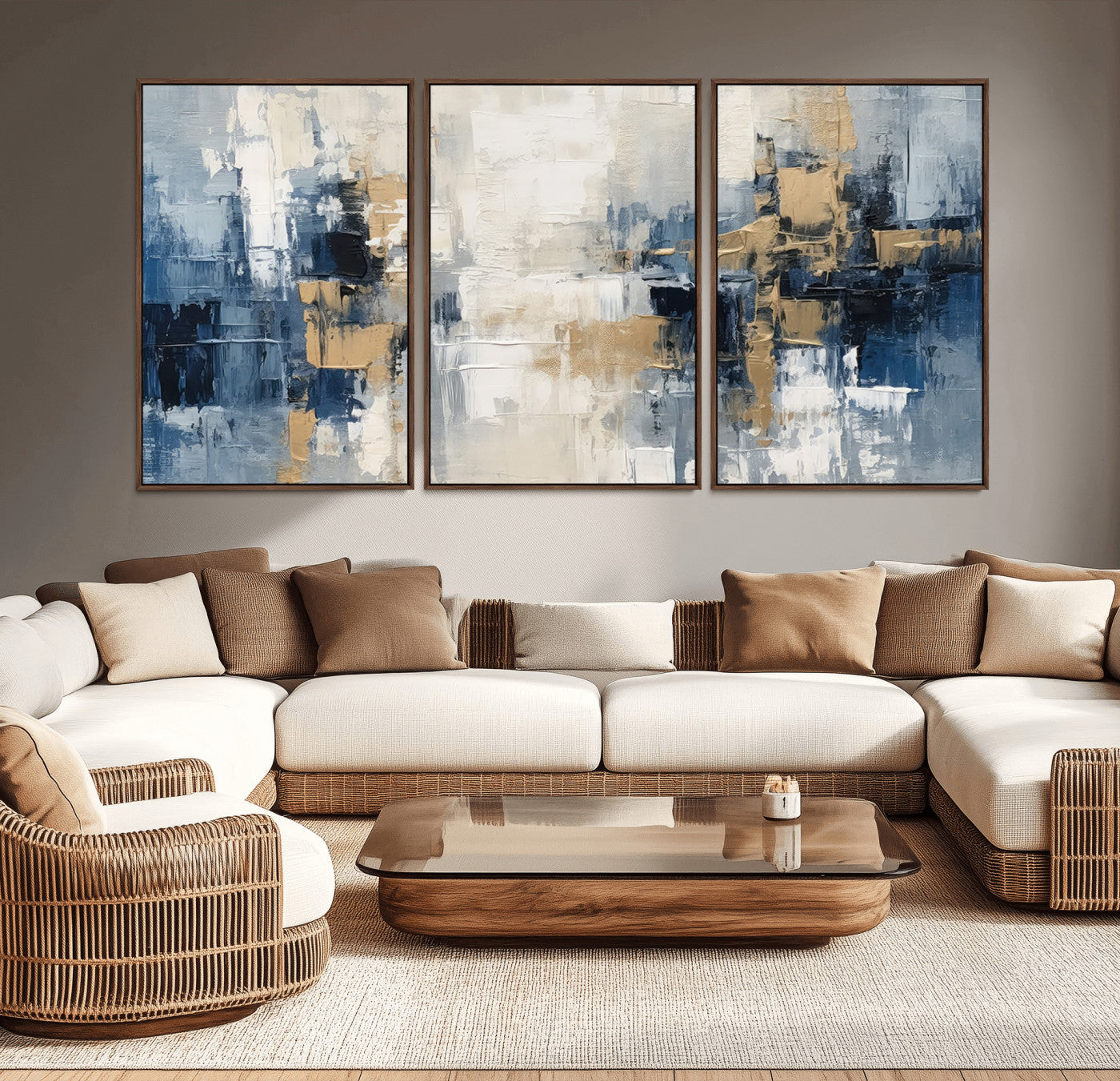 MGV-FC-60X30-3P - Modern Abstract Canvas Wall Art in Blue and Gold Tones | Large Contemporary Art for Living Room, Office, or Bedroom Décor