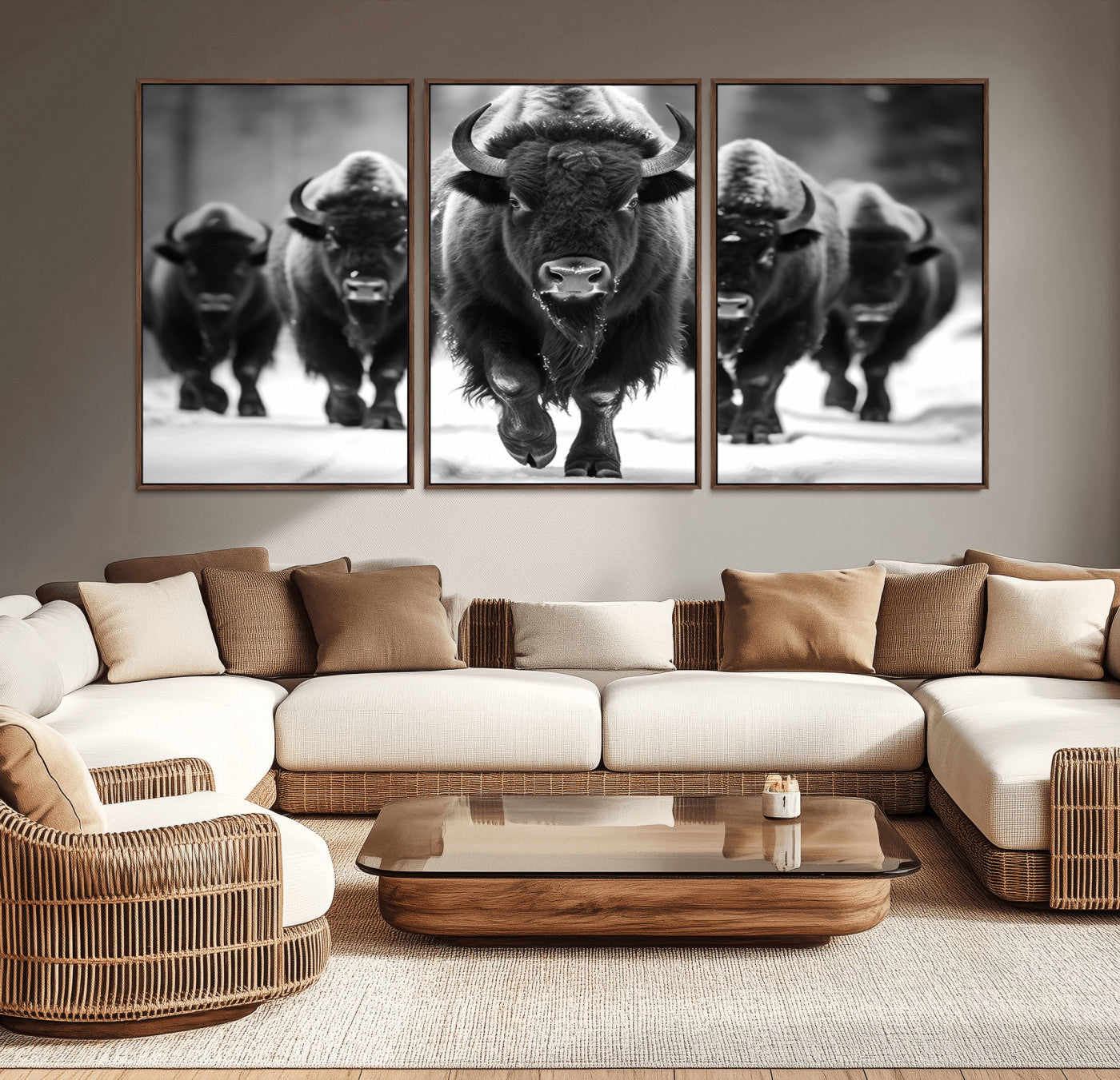 MGV-FC-60X30-3P - American Bison Art | Buffalo Herd Wall Art Canvas Print, BW American Bison Herd Wall Art Canvas
