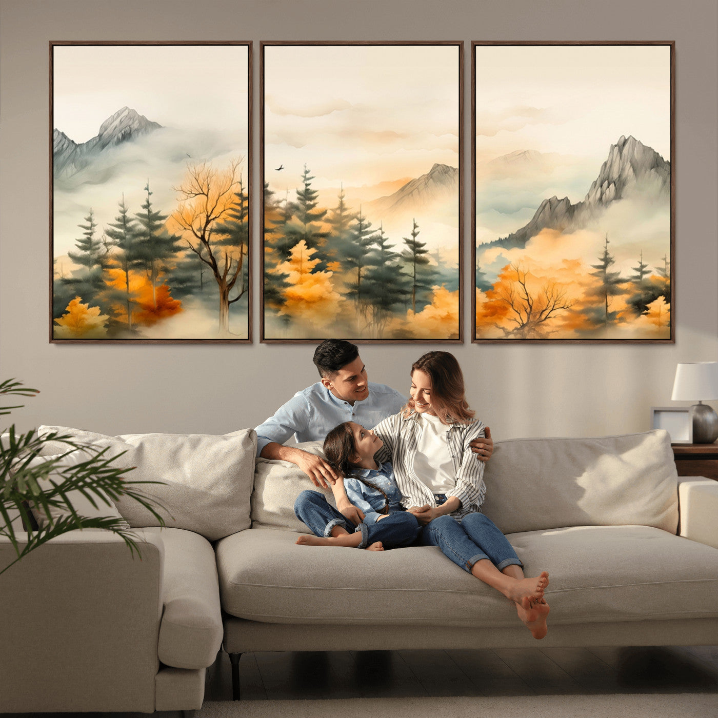 MGV-FC-60X30-3P - Abstract Watercolor Mountains and Trees Autumn Art, Watercolor Mountains and Trees Canvas Print