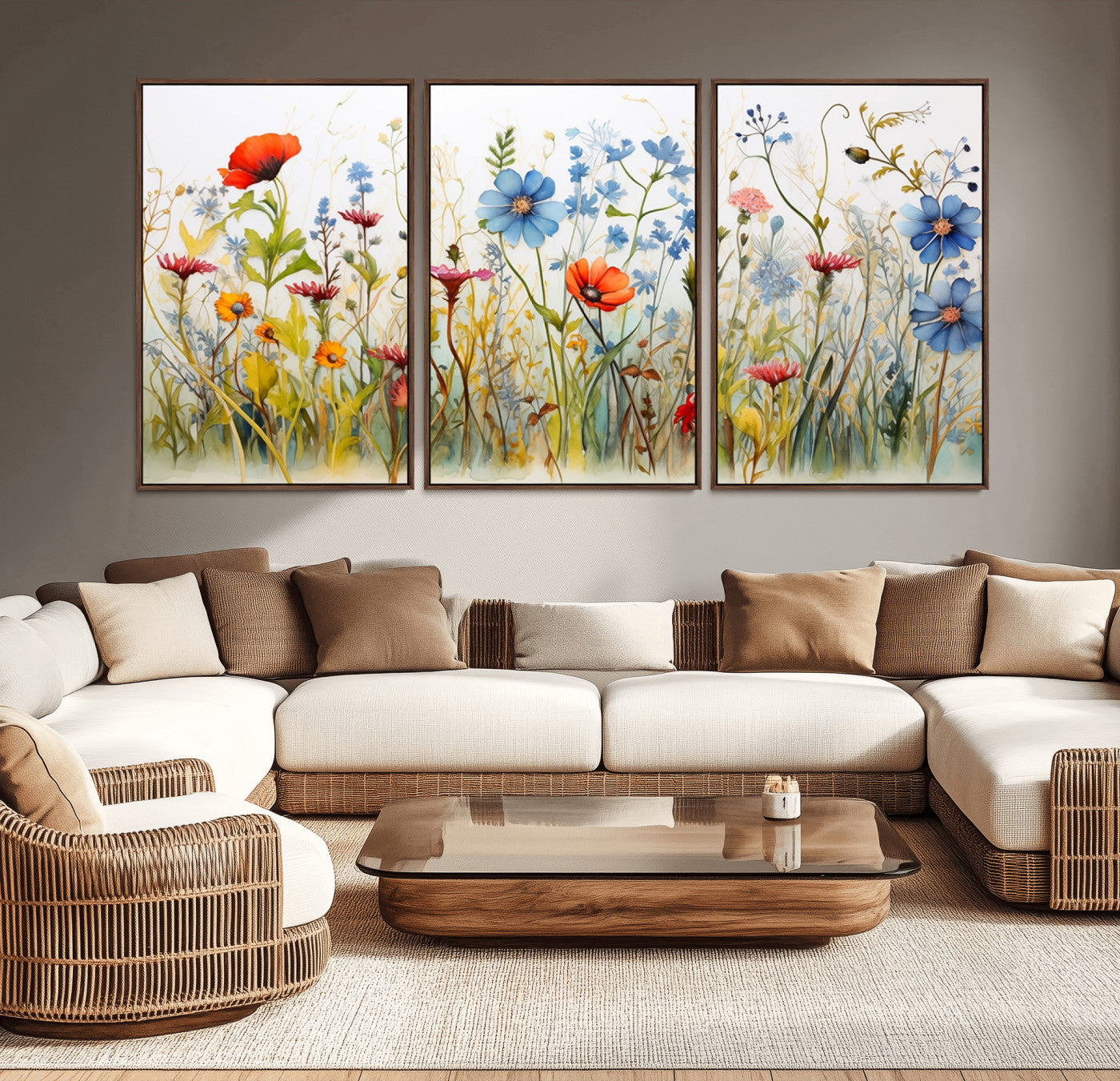 MGV-FC-60X30-3P - Colorful Wildflower Canvas Wall Art - Vibrant Floral Botanical Print, Bright Nature Decor for Living Room, Large 3 Panel Set, Ready to Hang