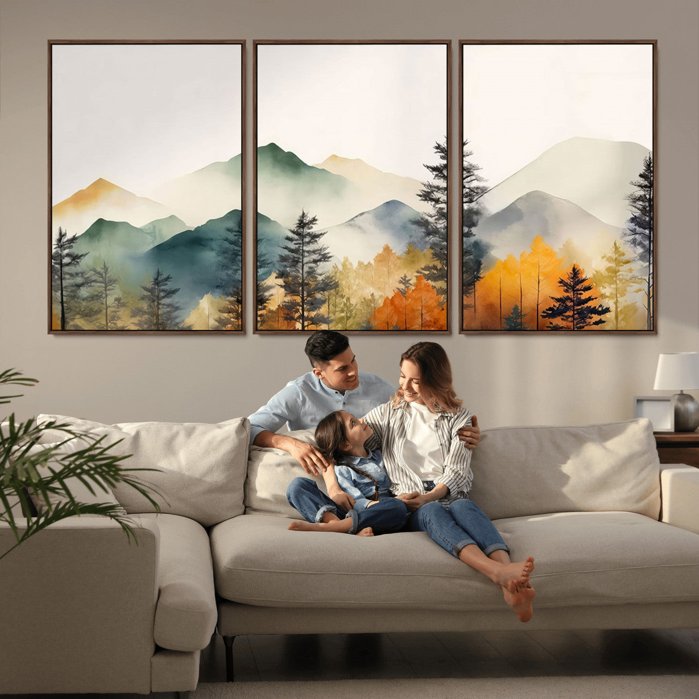 MGV-FC-60X30-3P - Abstract Watercolor Mountains and Trees Autumn Wall Art, Mountains and Trees Autumn Wall Art Canvas