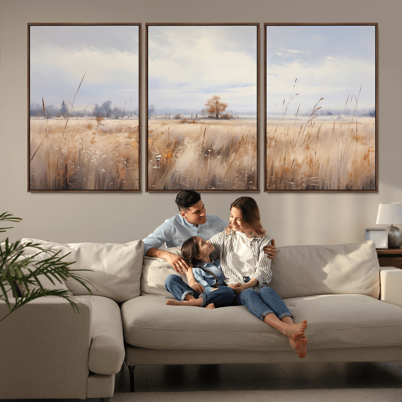 MGV-FC-60X30-3P - Golden Fields Canvas Wall Art Print – Serene Landscape of Nature’s Tranquility in Minimalist for Farmhouse Decor