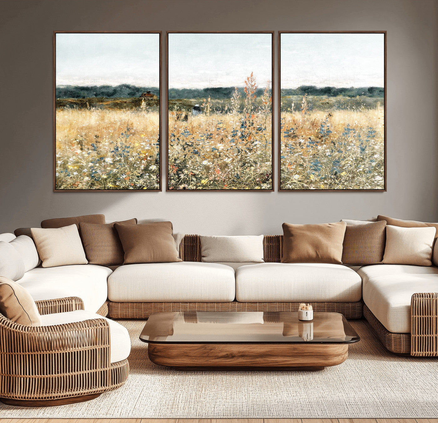 MGV-FC-60X30-3P - Wildflower Field Wall Art Canvas | Nature-Inspired Landscape Canvas Print for Living Room or Office | Rustic Floral Decor