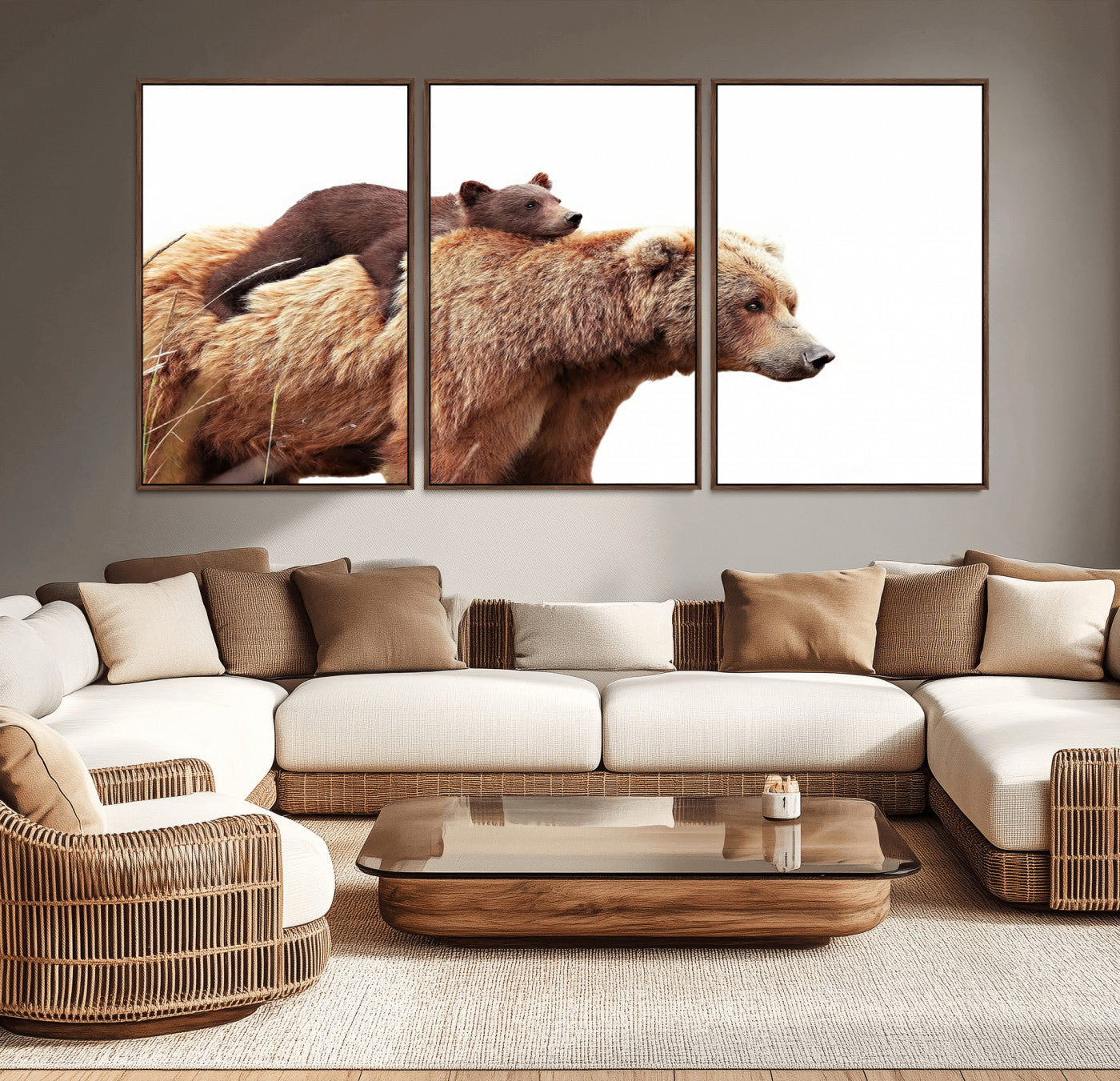 MGV-FC-60X30-3P - Mother and Baby Bear Canvas Wall Art - Adorable Wildlife Animal Print, Cozy Rustic Decor for Living Room,