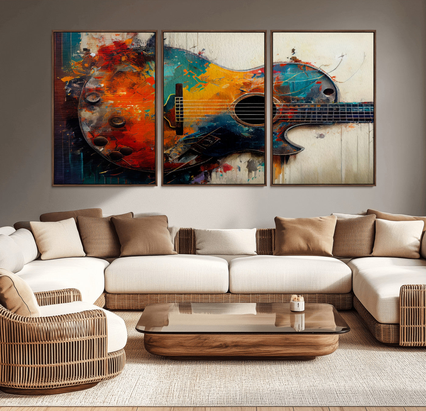 MGV-FC-60X30-3P - Abstract Guitar Wall Art Canvas | Vibrant Music-Inspired Art for Living Room or Studio | Colorful Music Decor Canvas Print