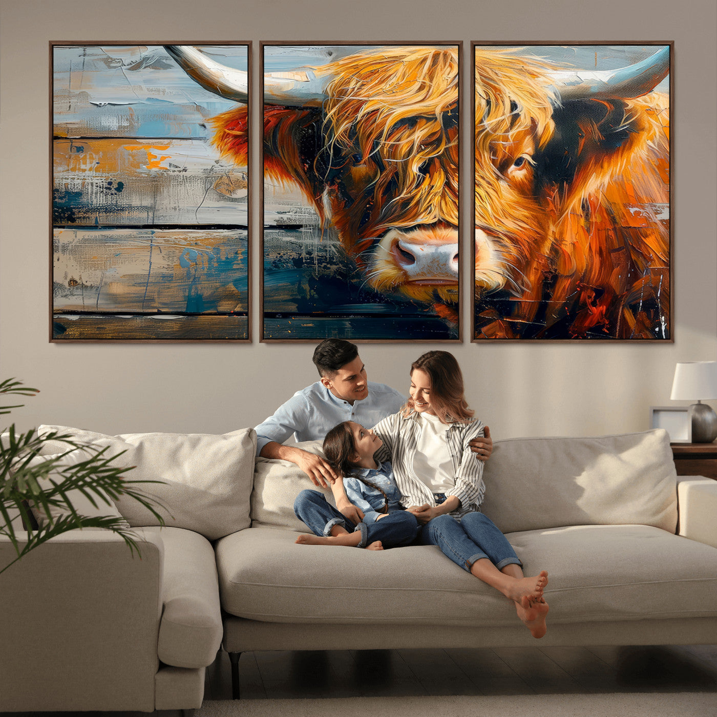 -Highland Cow Abstract Canvas Wall Art – Bold Farmhouse Rustic Decor – Ready to Hang