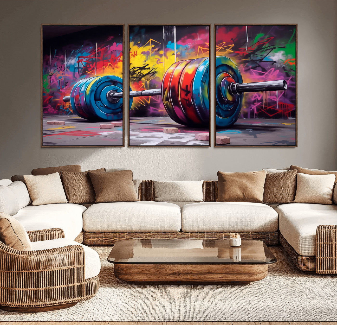 MGV-FC-60X30-3P - Abstract Graffiti Barbell Canvas Wall Art – Urban Fitness Meets Bold Street Art Print - Gym Wall Art