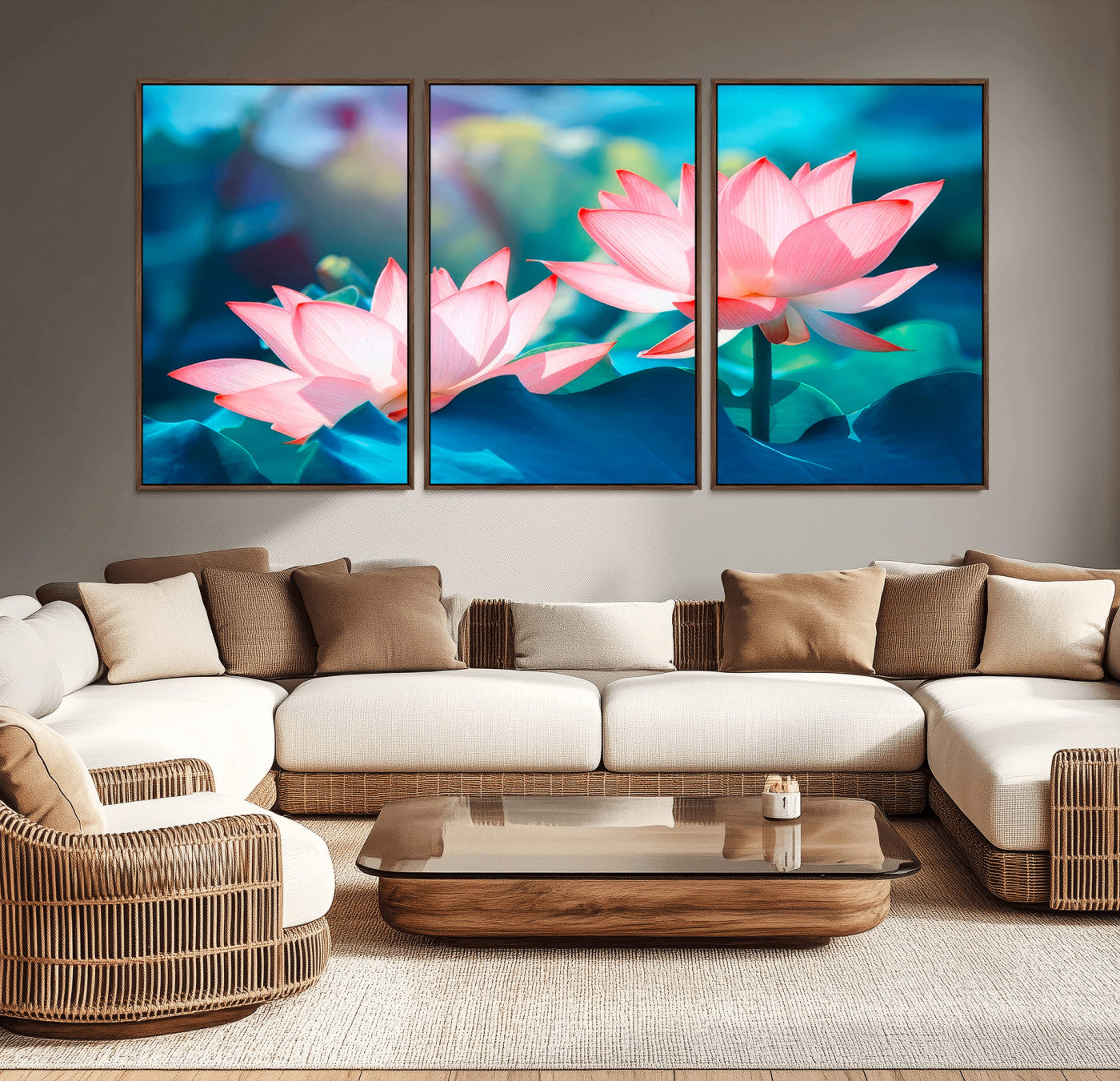 MGV-FC-60X30-3P - Pink Lotus Flower Canvas Wall Art | Vibrant Floral Wall Decor for Living Room, Office, or Bedroom | Large Botanical Art