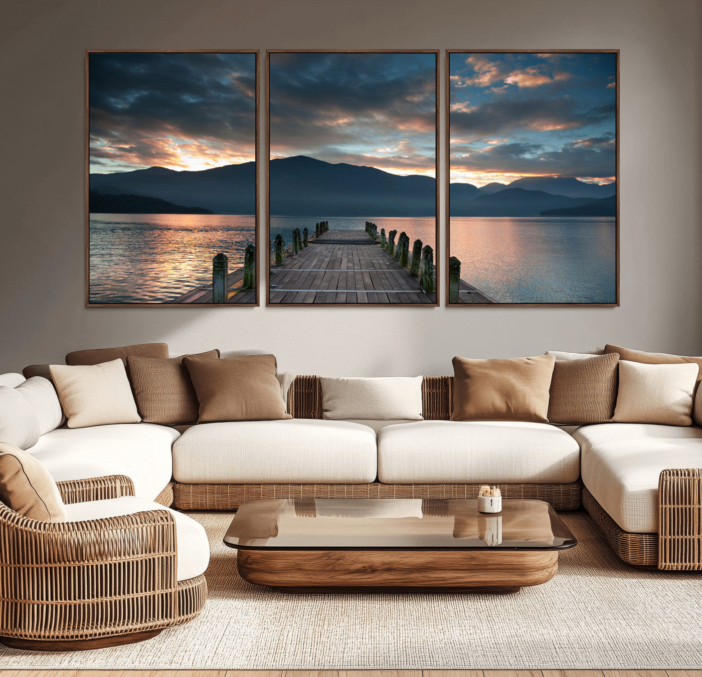 MGV-FC-60X30-3P - Mountain Lake Wood Pier Canvas Wall Art Nature Lake Print