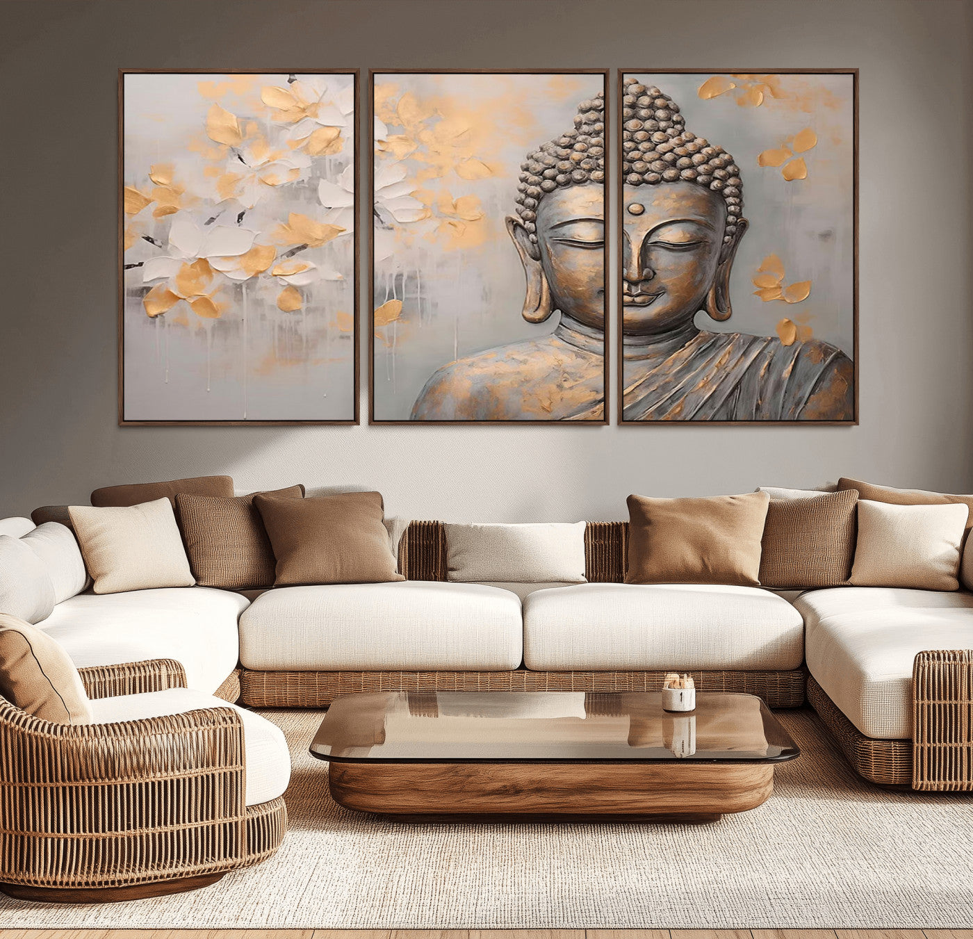 MGV-FC-60X30-3P - Abstract Buddha Statue Wall Art Canvas Print - Modern Meditation Decor for Living Room, Office, Yoga Studio Decor