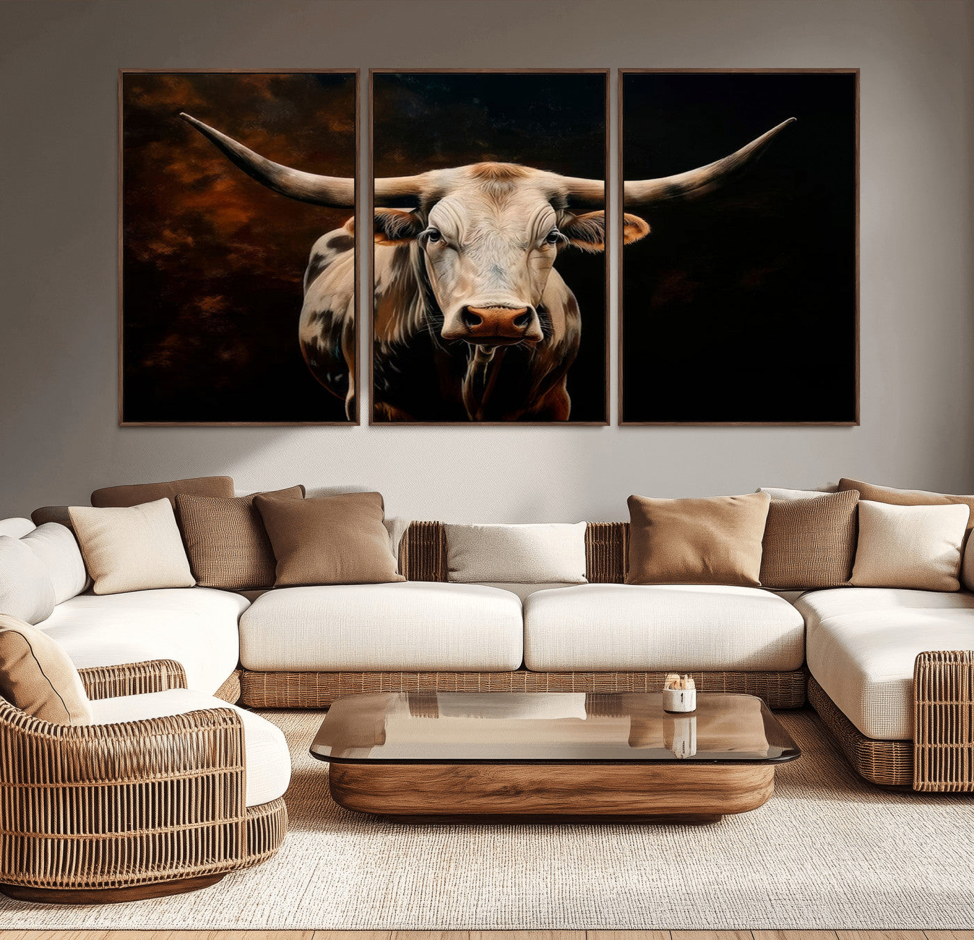 MGV-FC-60X30-3P - Texas Longhorn Wall Art | 3-Panel Large Texas Longhorn Canvas Print for Living Room, Office, or Farmhouse Decor | Framed Giclee Longhorn Wall Art