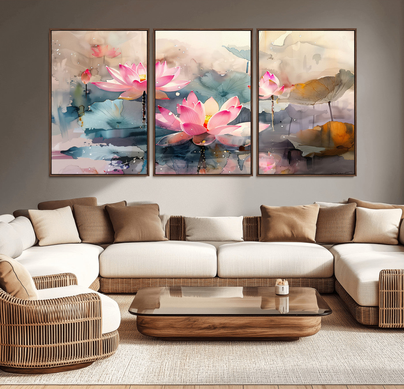 MGV-FC-60X30-3P - Lotus Flower Wall Art | 3-Panel Giclee Canvas Print of Pink Lotus Blossoms for Living Room, Bedroom, Office | Framed Lotus Floral Wall Art Decor Print