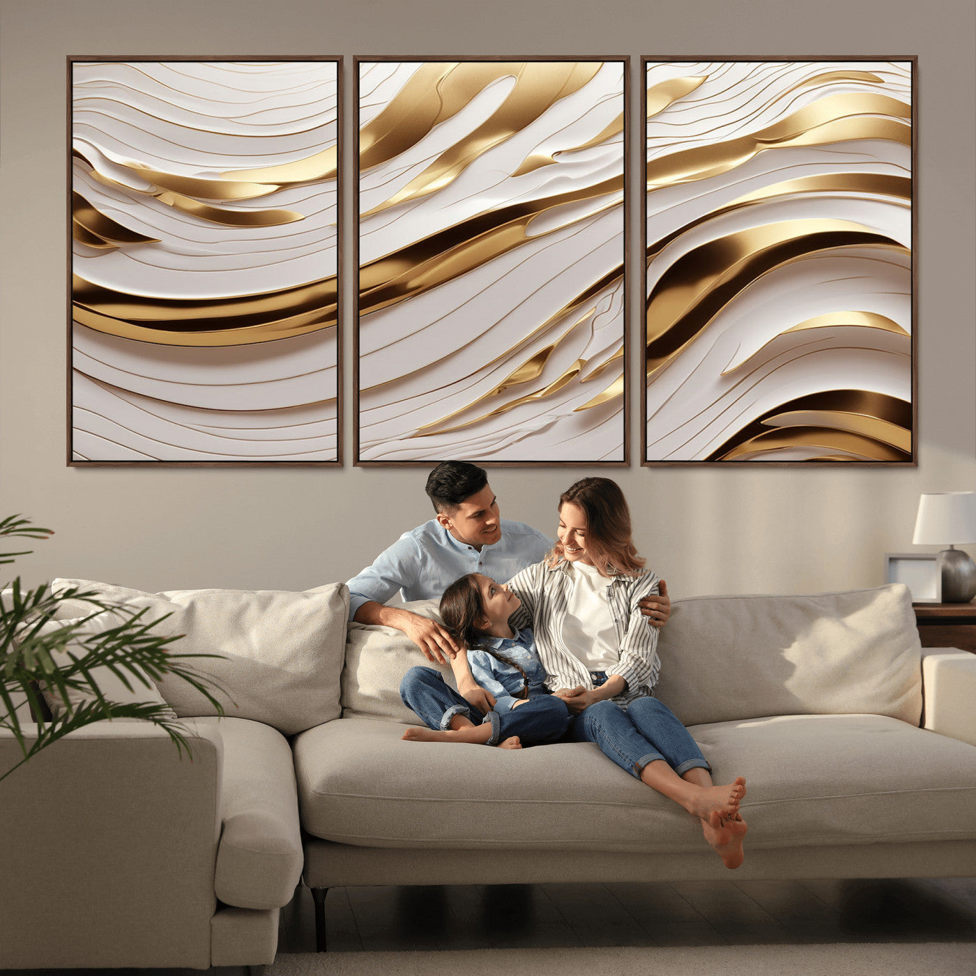 -Gold and White Abstract Wave Canvas – Elegant Flowing Design with Luxurious Golden Accents –