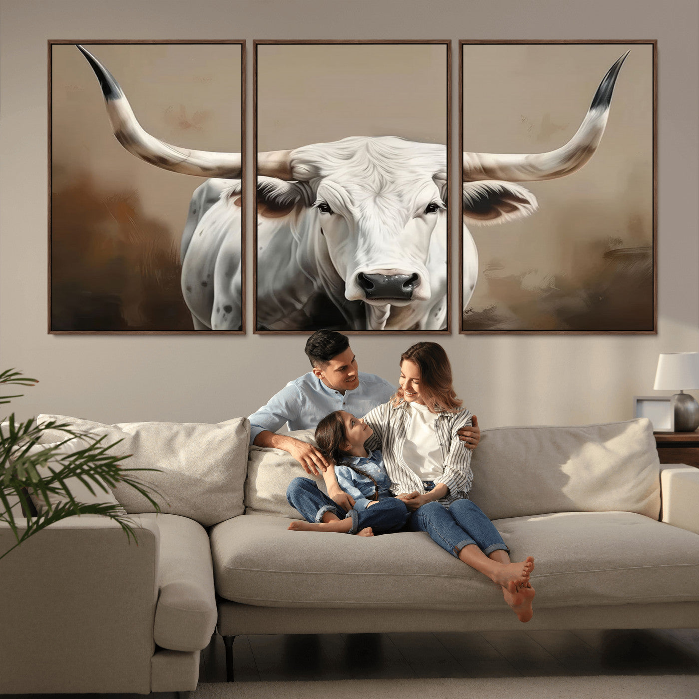 -White Longhorn Bull Wall Art Canvas Print – Framed and Ready to Hang – Perfect for Farmhouse and