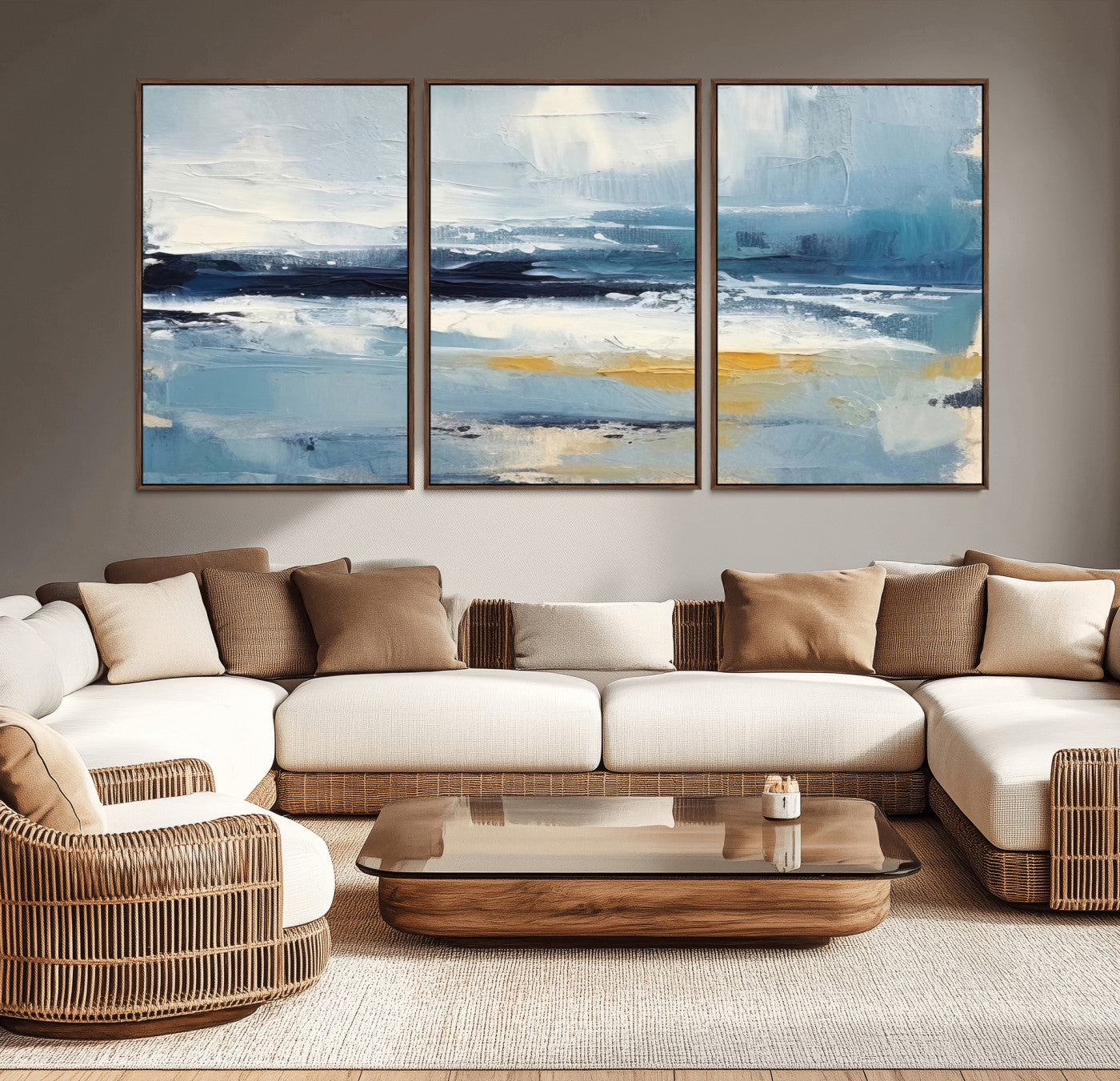 MGV-FC-60X30-3P - Abstract Ocean Canvas Wall Art - Coastal Blue and Gold Textured Painting, Modern Seascape Decor for Living Room Decor