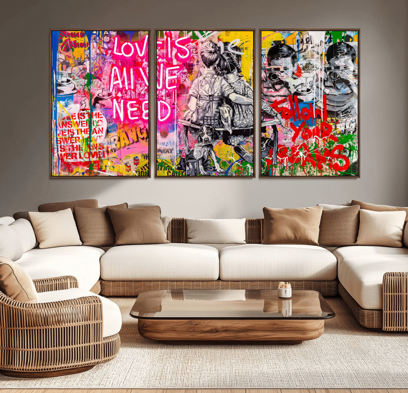 MGV-FC-60X30-3P - Follow Your Dreams & Love is All We Need Graffiti Street Art Triptych | Colorful Urban Wall Art
