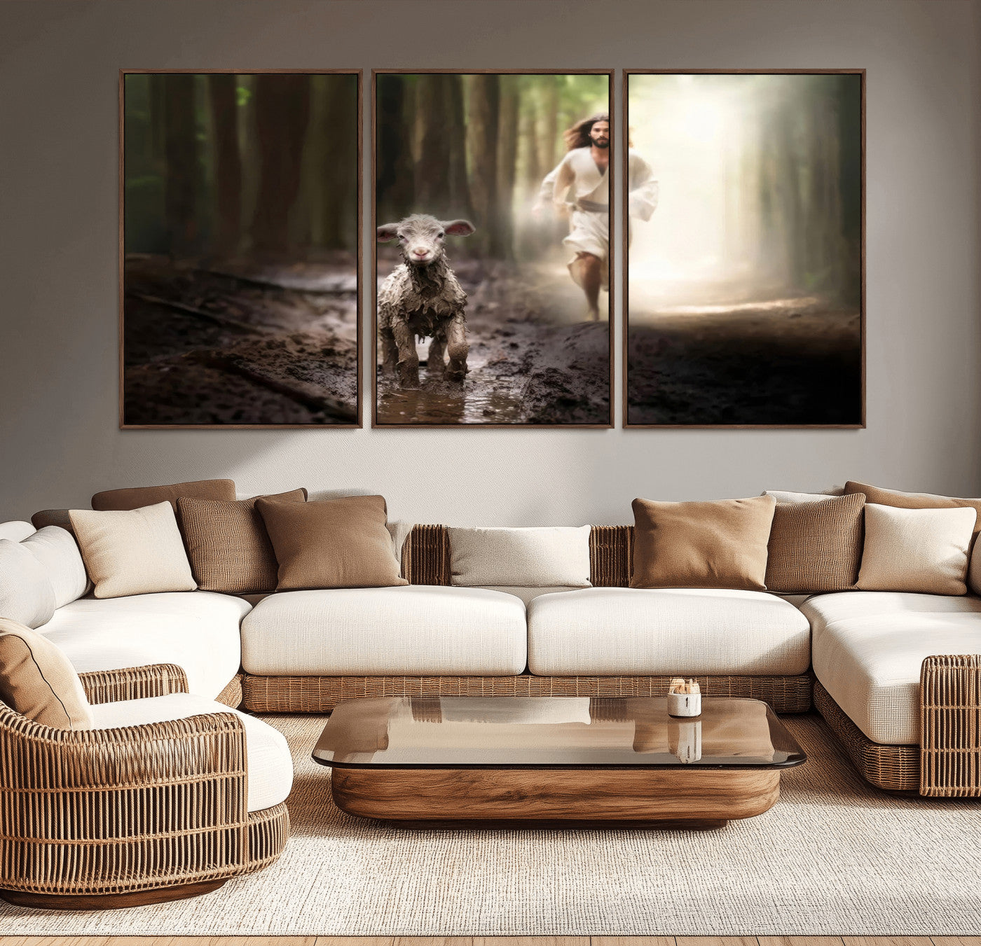 MGV-FC-60X30-3P - Jesus Canvas Wall Art - Jesus Running After Lost Lamb, Jesus, Christian Home Decor - Church Wall Art