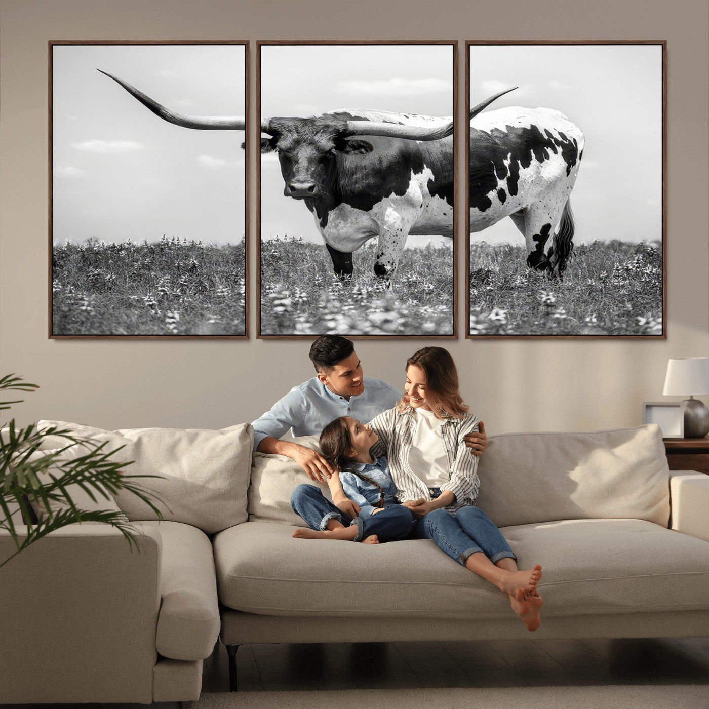 -Texas Black White Highland Longhorn Cow Wall Art Canvas Print