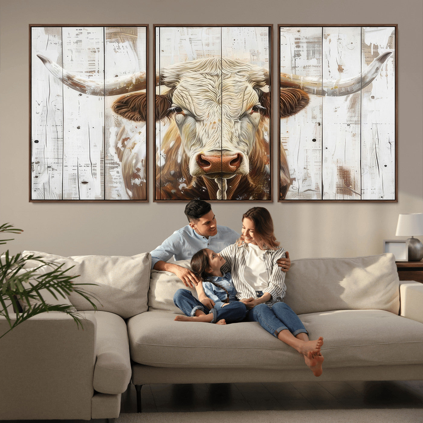 -Rustic Longhorn Bull Wall Art Canvas Set – Western-Inspired Farmhouse Décor - Ready to Hang